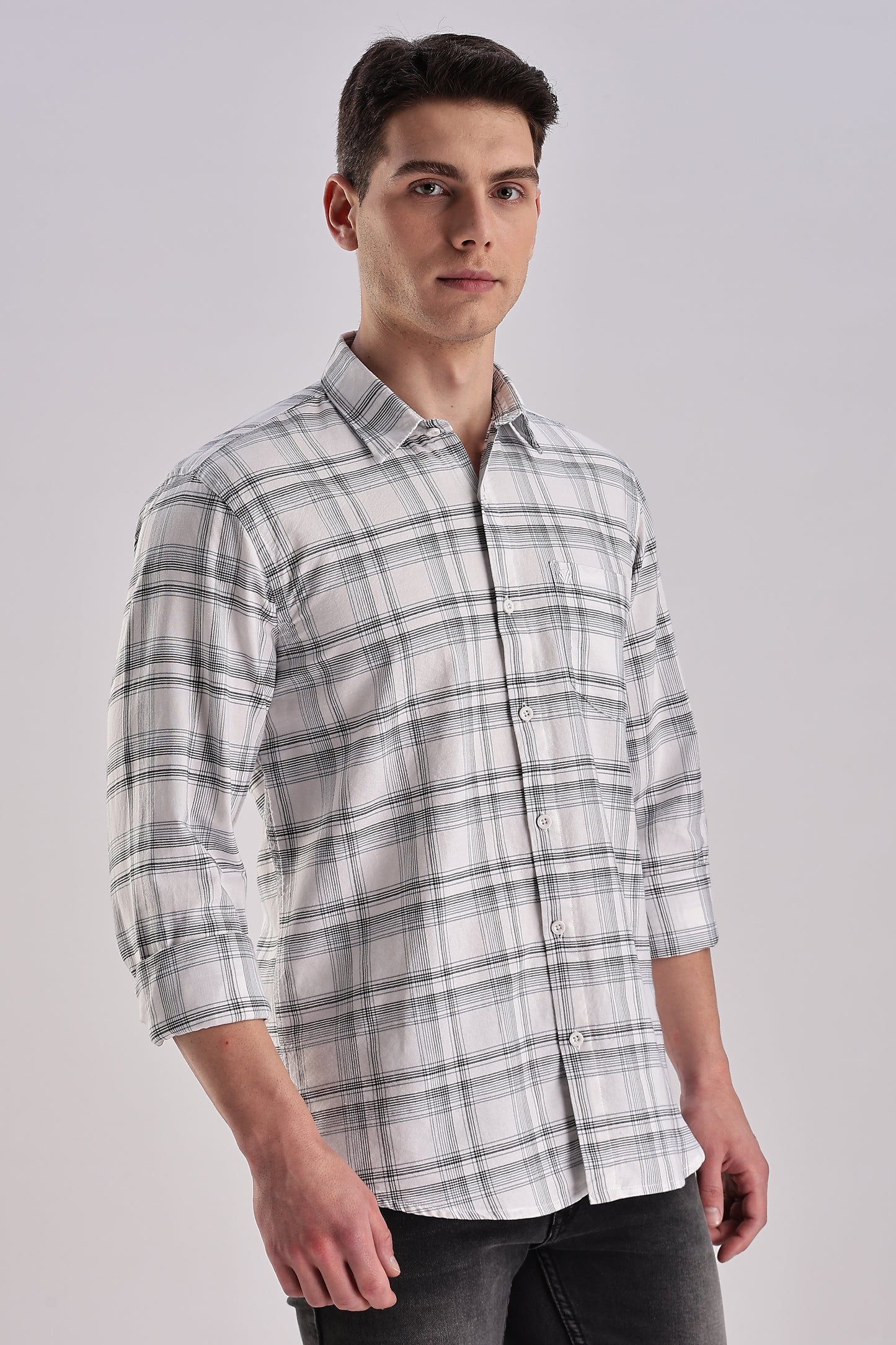 Men’s Plaid Long-Sleeve Shirt – White/Grey & Forest Check