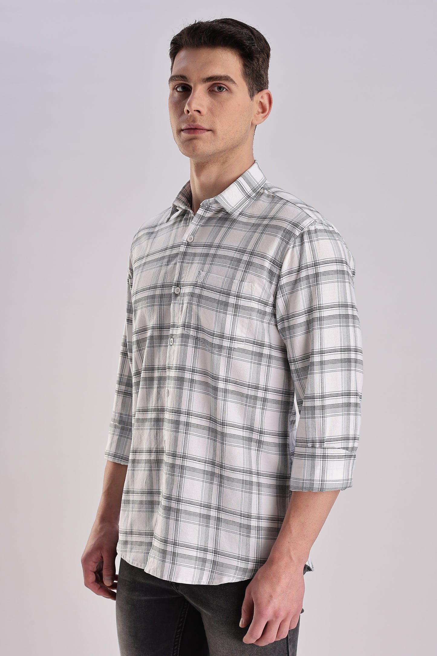 Men’s Plaid Long-Sleeve Shirt – White/Grey & Forest Check