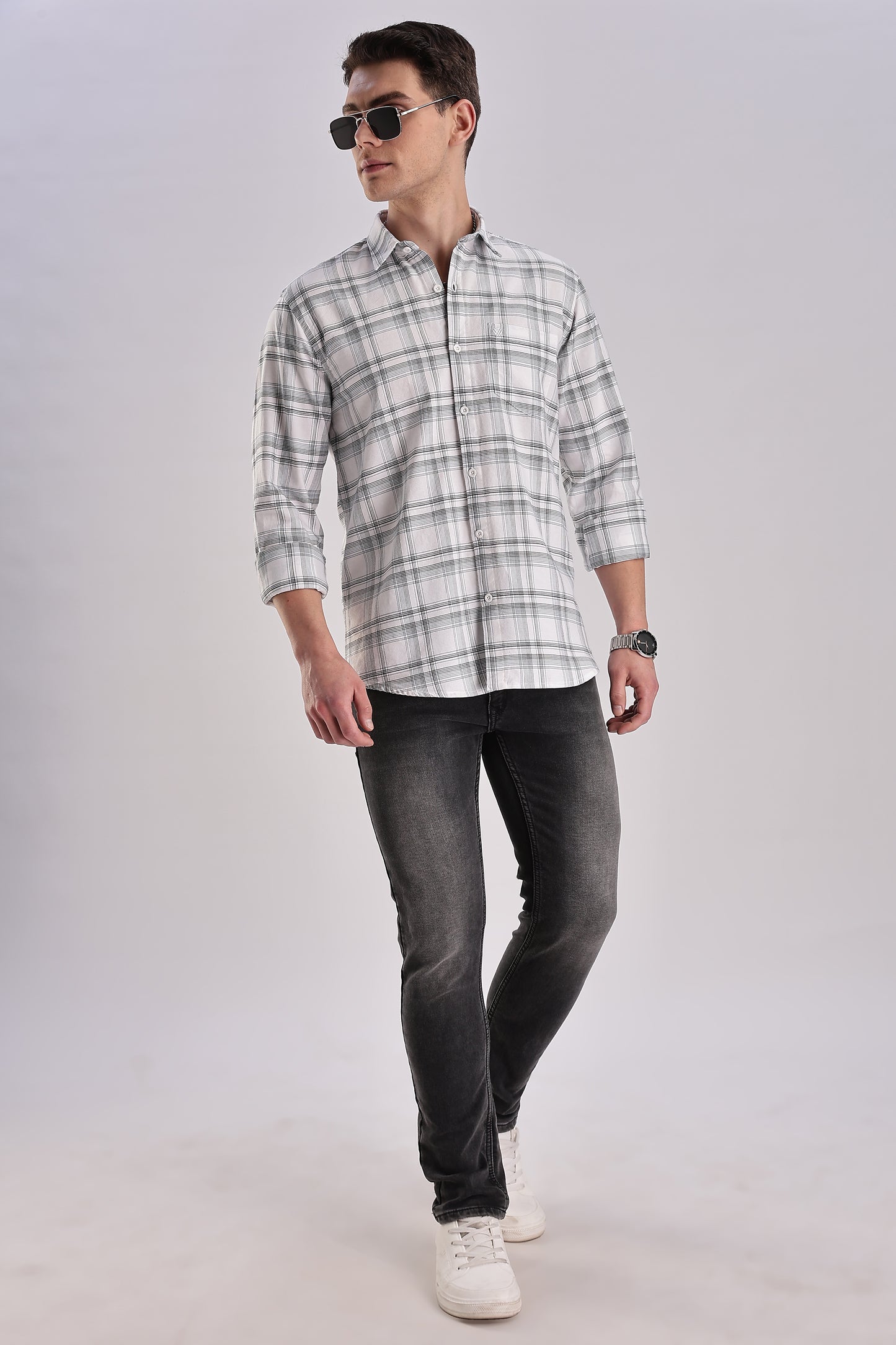 Men’s Plaid Long-Sleeve Shirt – White/Grey & Forest Check