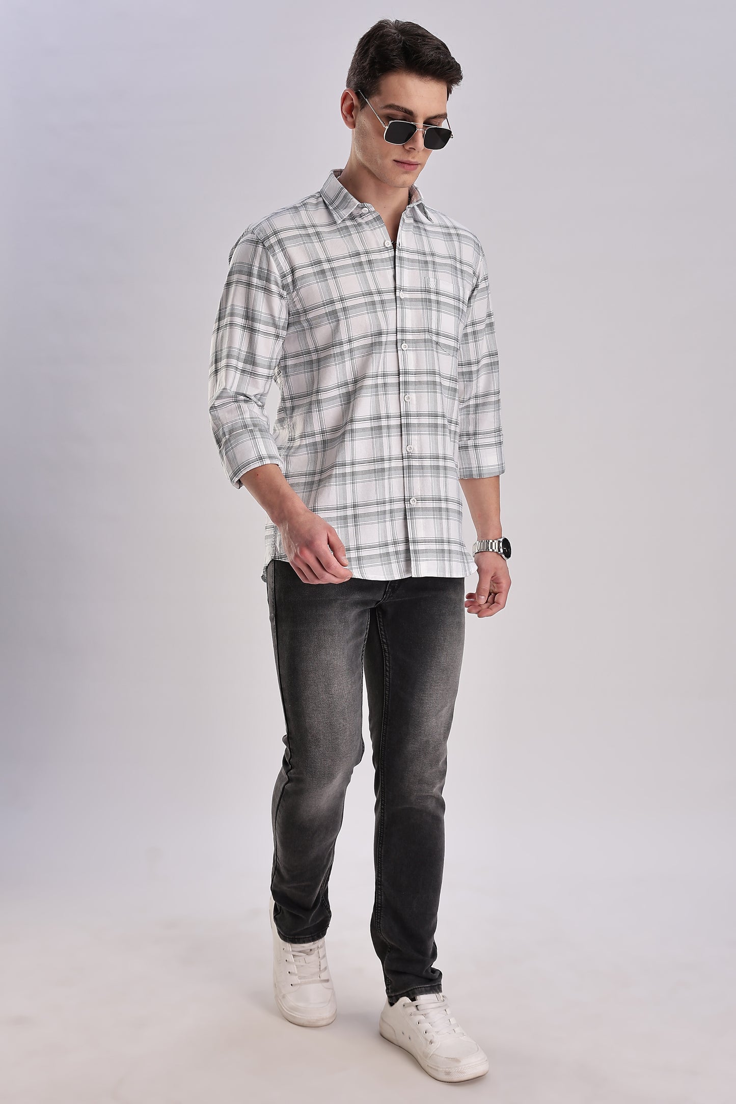 Men’s Plaid Long-Sleeve Shirt – White/Grey & Forest Check