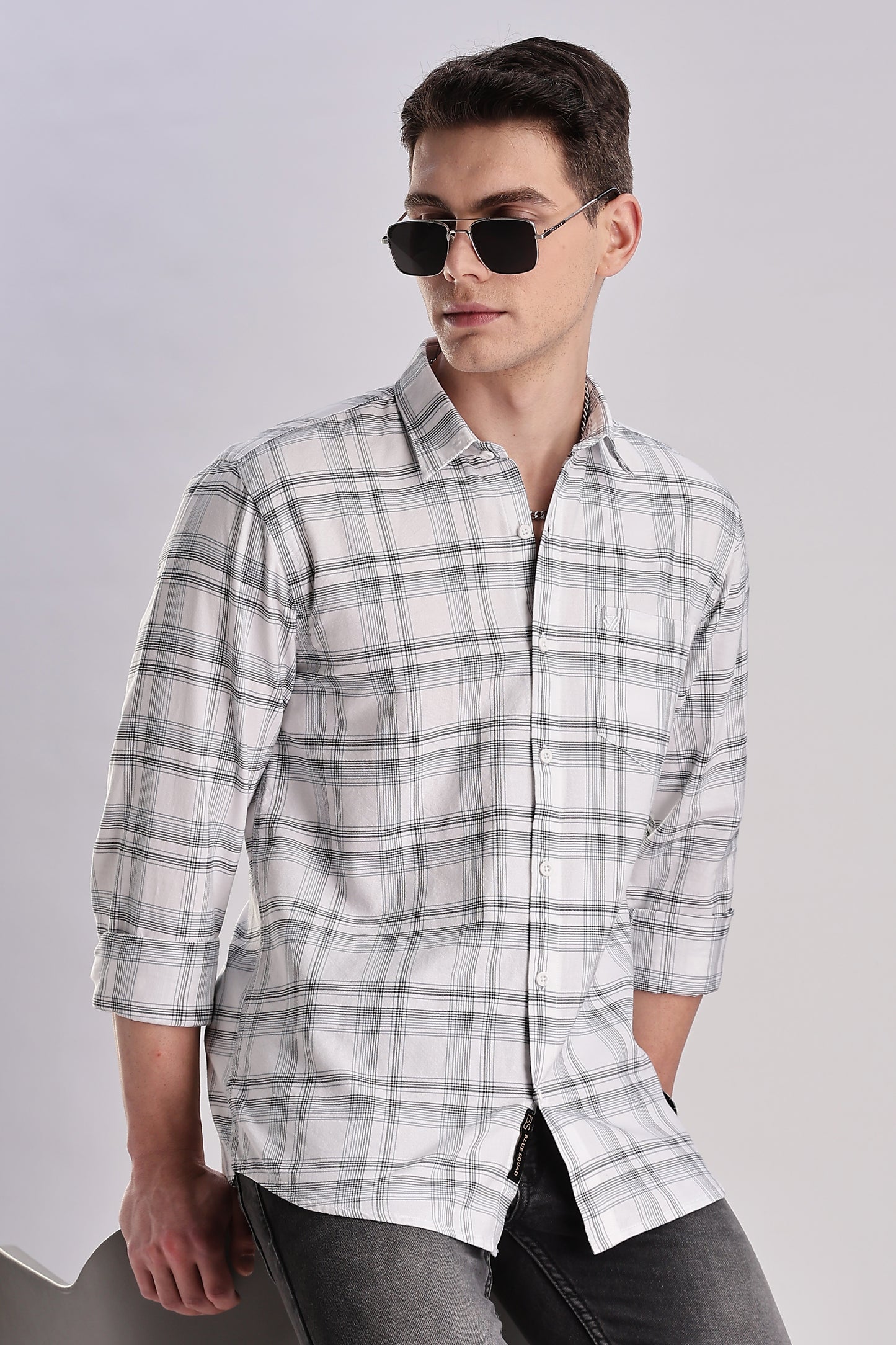 Men’s Plaid Long-Sleeve Shirt – White/Grey & Forest Check