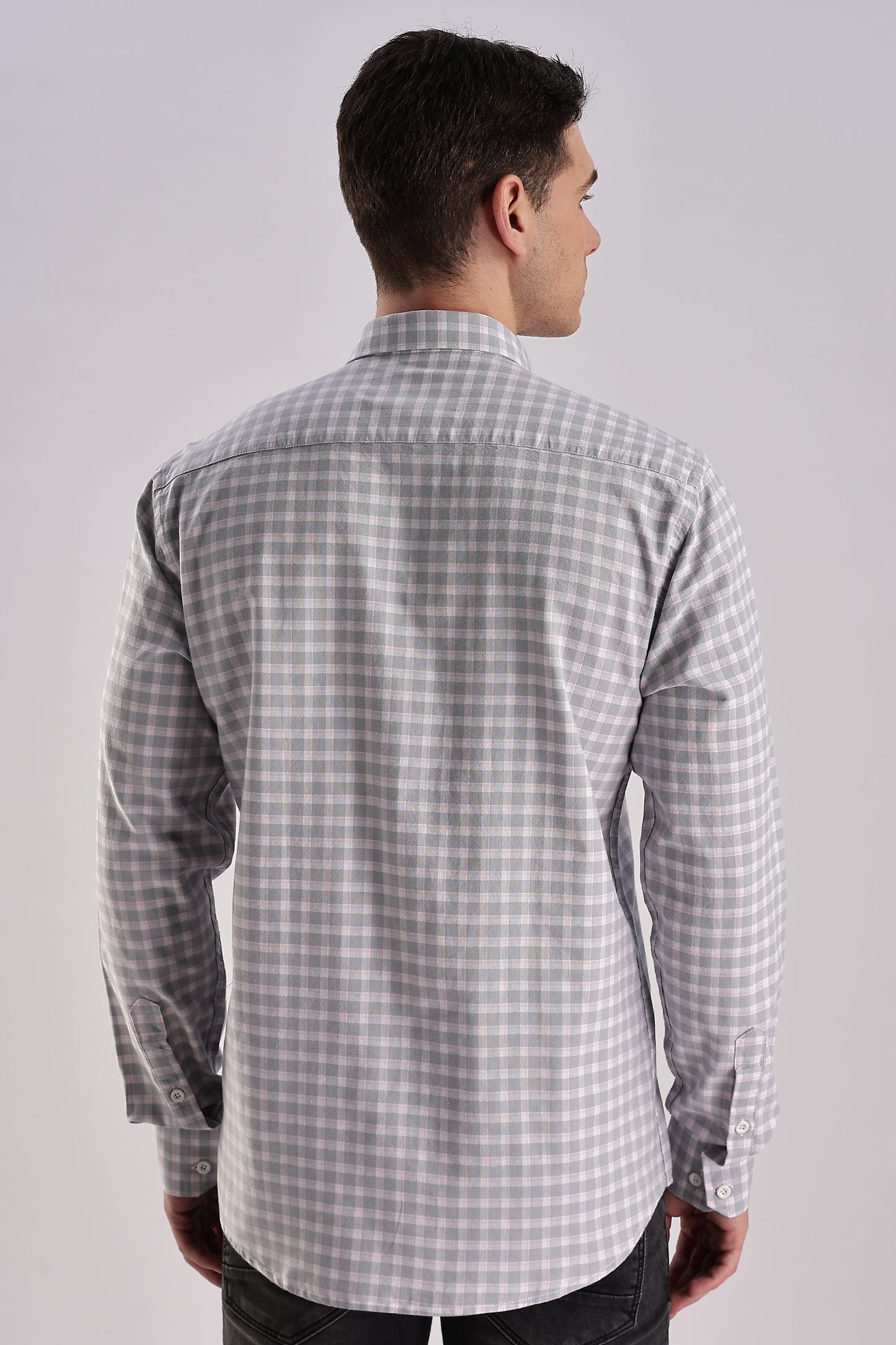 Men’s Gingham Check Long-Sleeve Shirt – Grey & White