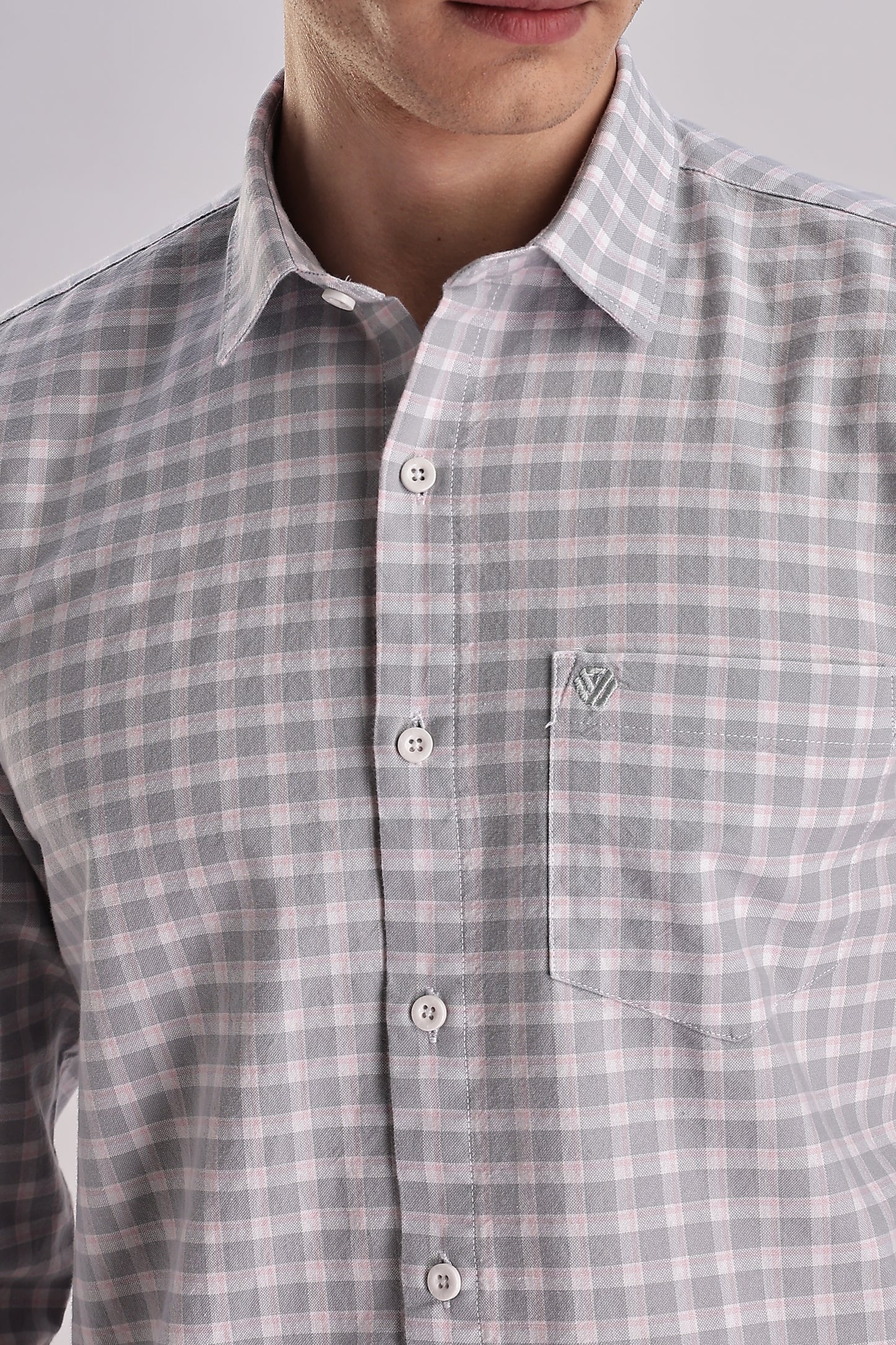 Men’s Gingham Check Long-Sleeve Shirt – Grey & White