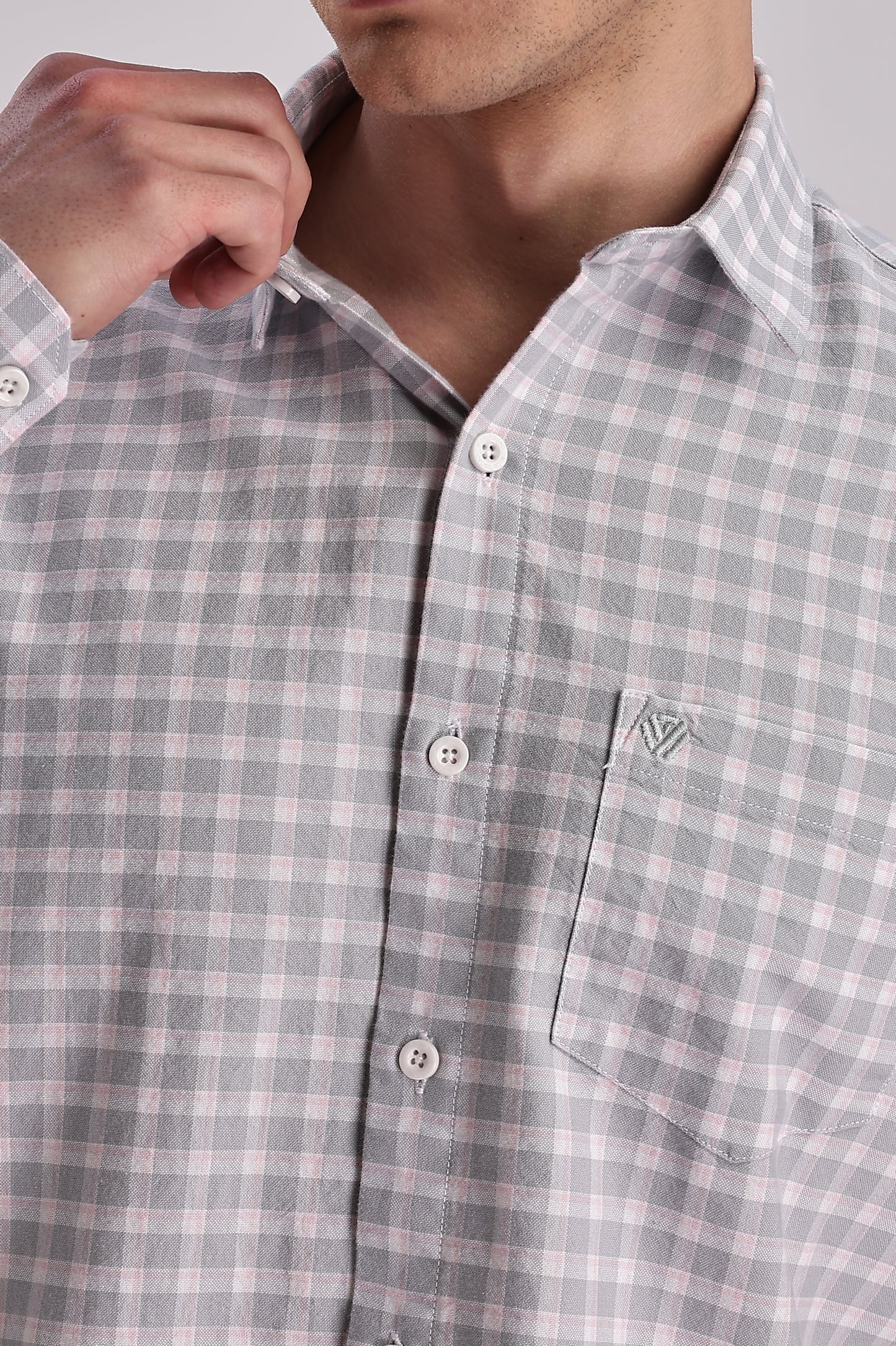 Men’s Gingham Check Long-Sleeve Shirt – Grey & White