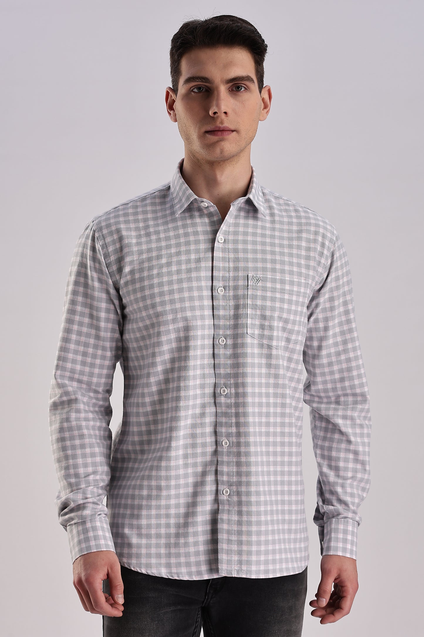 Men’s Gingham Check Long-Sleeve Shirt – Grey & White