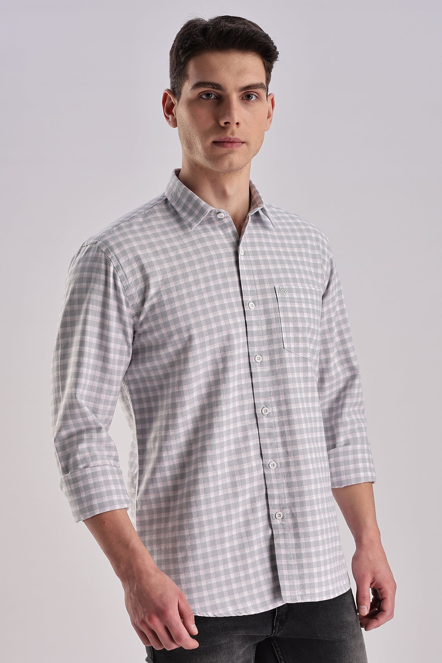 Men’s Gingham Check Long-Sleeve Shirt – Grey & White
