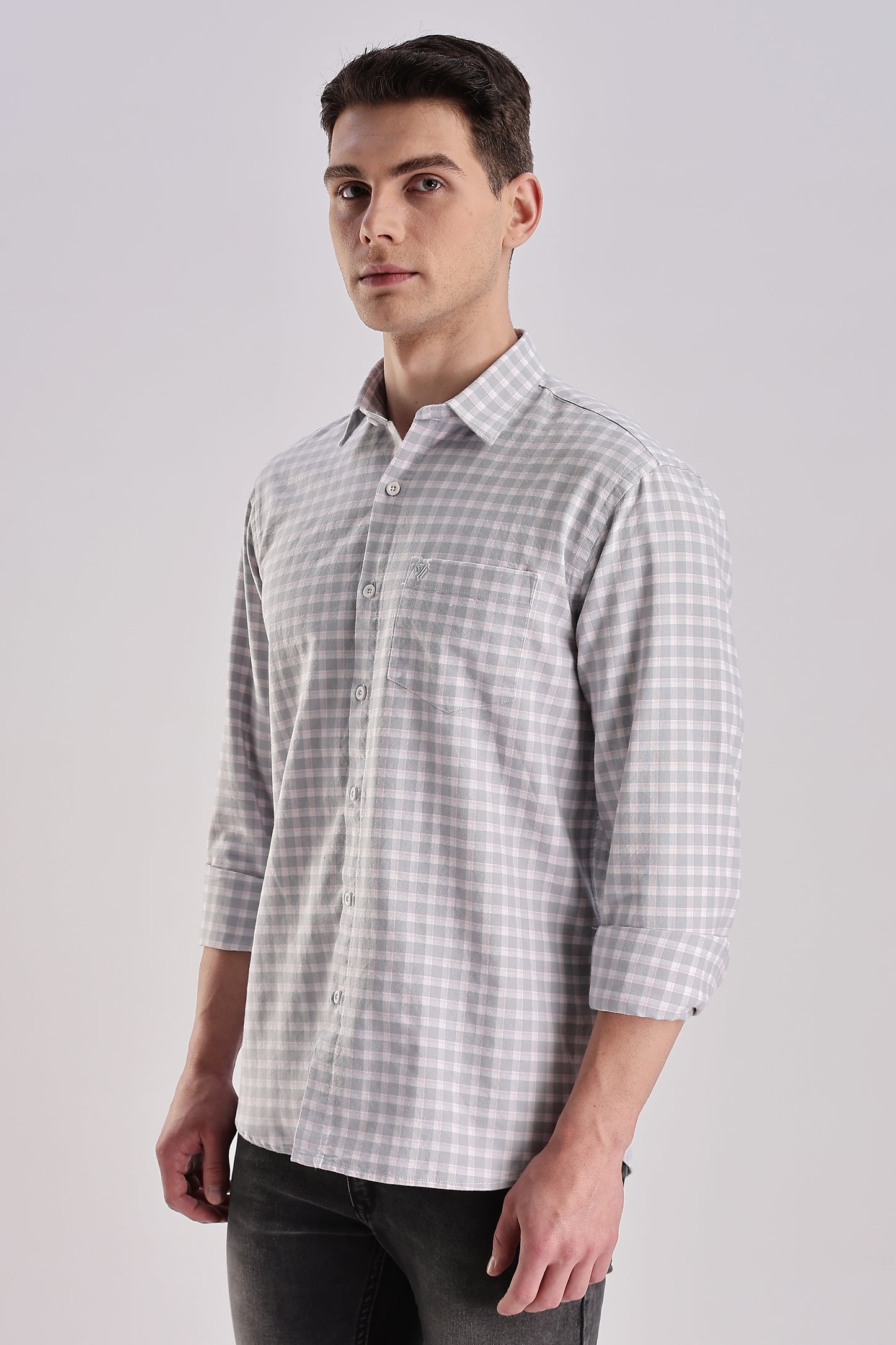 Men’s Gingham Check Long-Sleeve Shirt – Grey & White