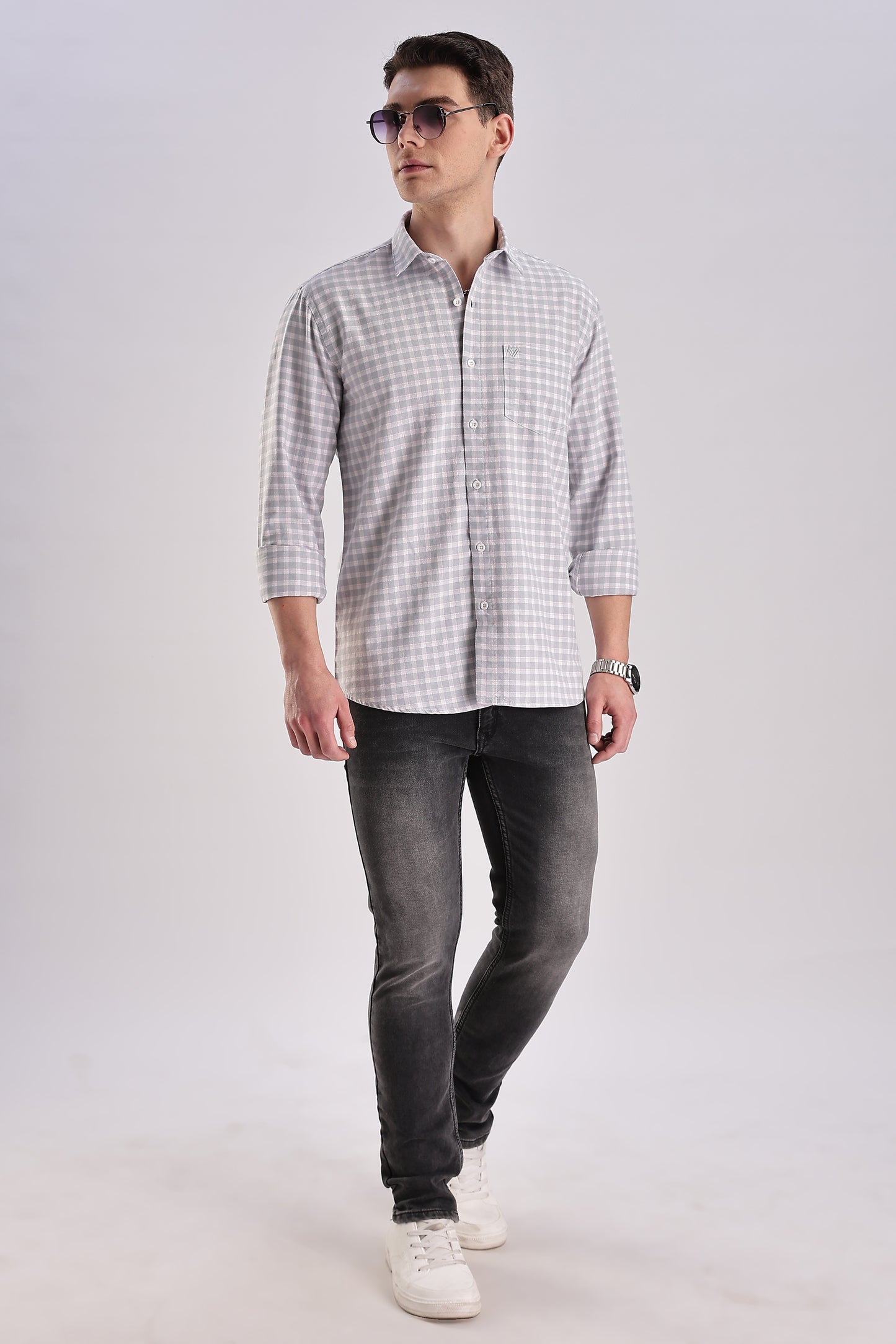 Men’s Gingham Check Long-Sleeve Shirt – Grey & White