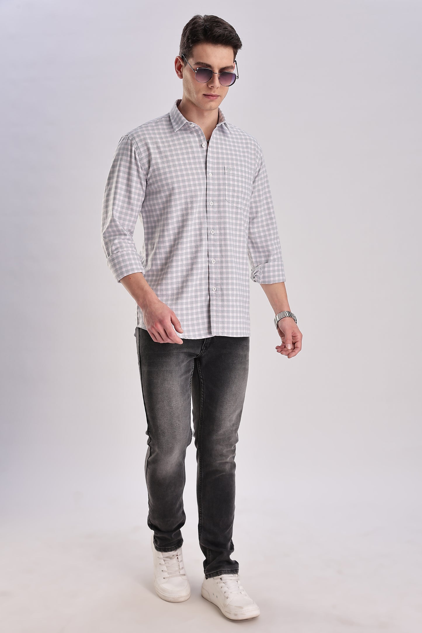 Men’s Gingham Check Long-Sleeve Shirt – Grey & White