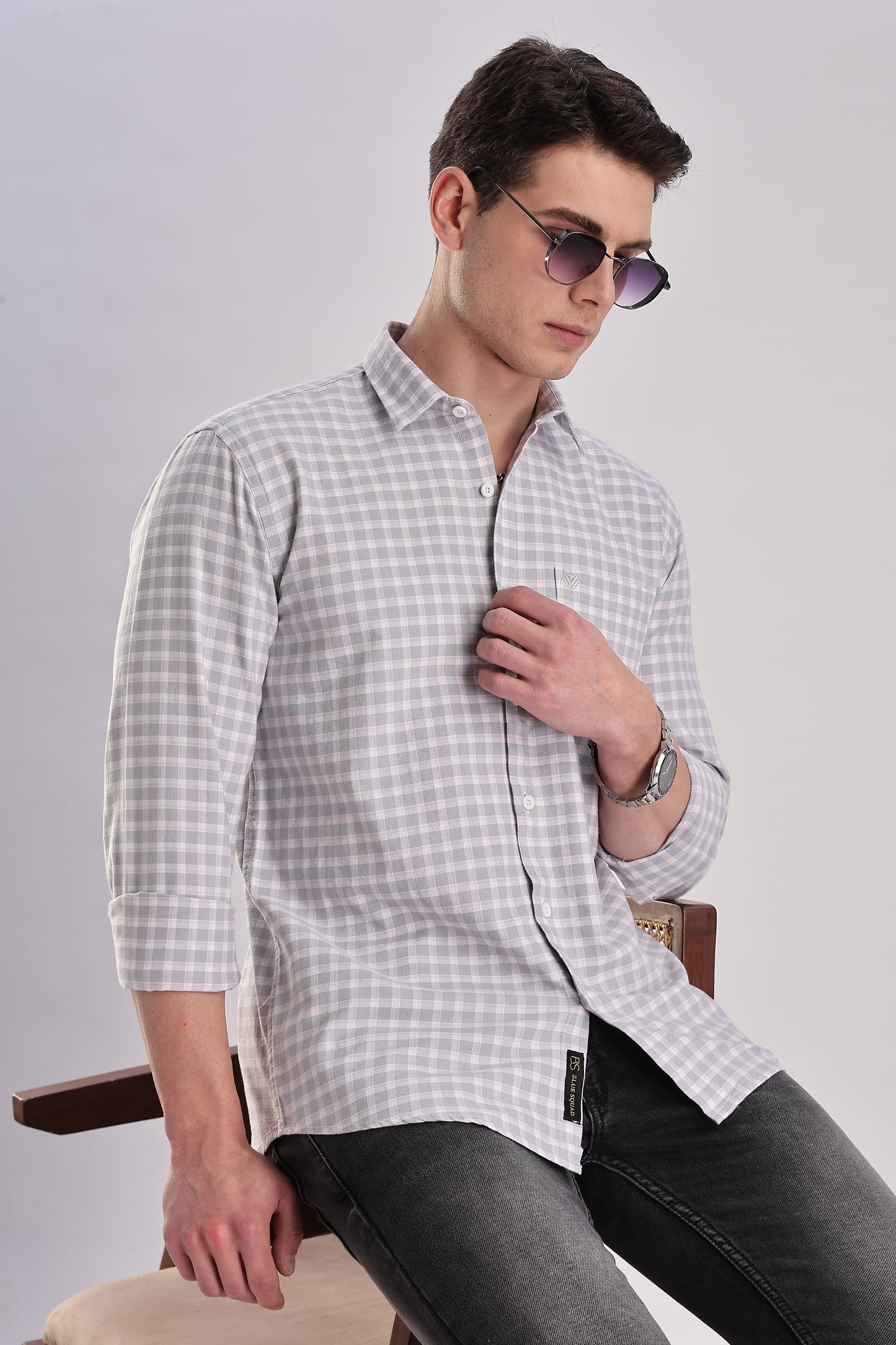 Men’s Gingham Check Long-Sleeve Shirt – Grey & White