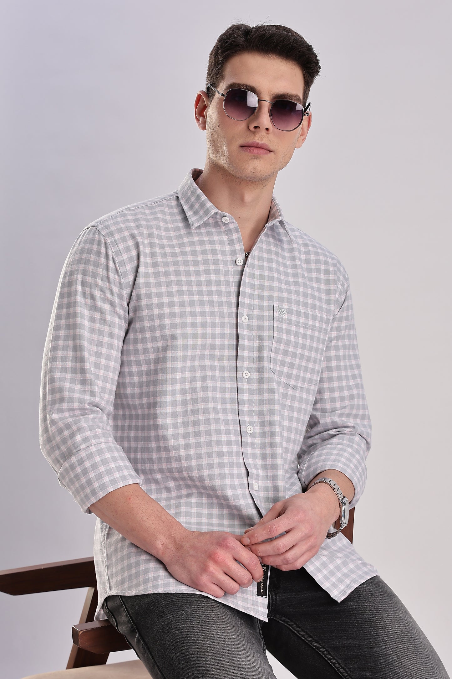 Men’s Gingham Check Long-Sleeve Shirt – Grey & White
