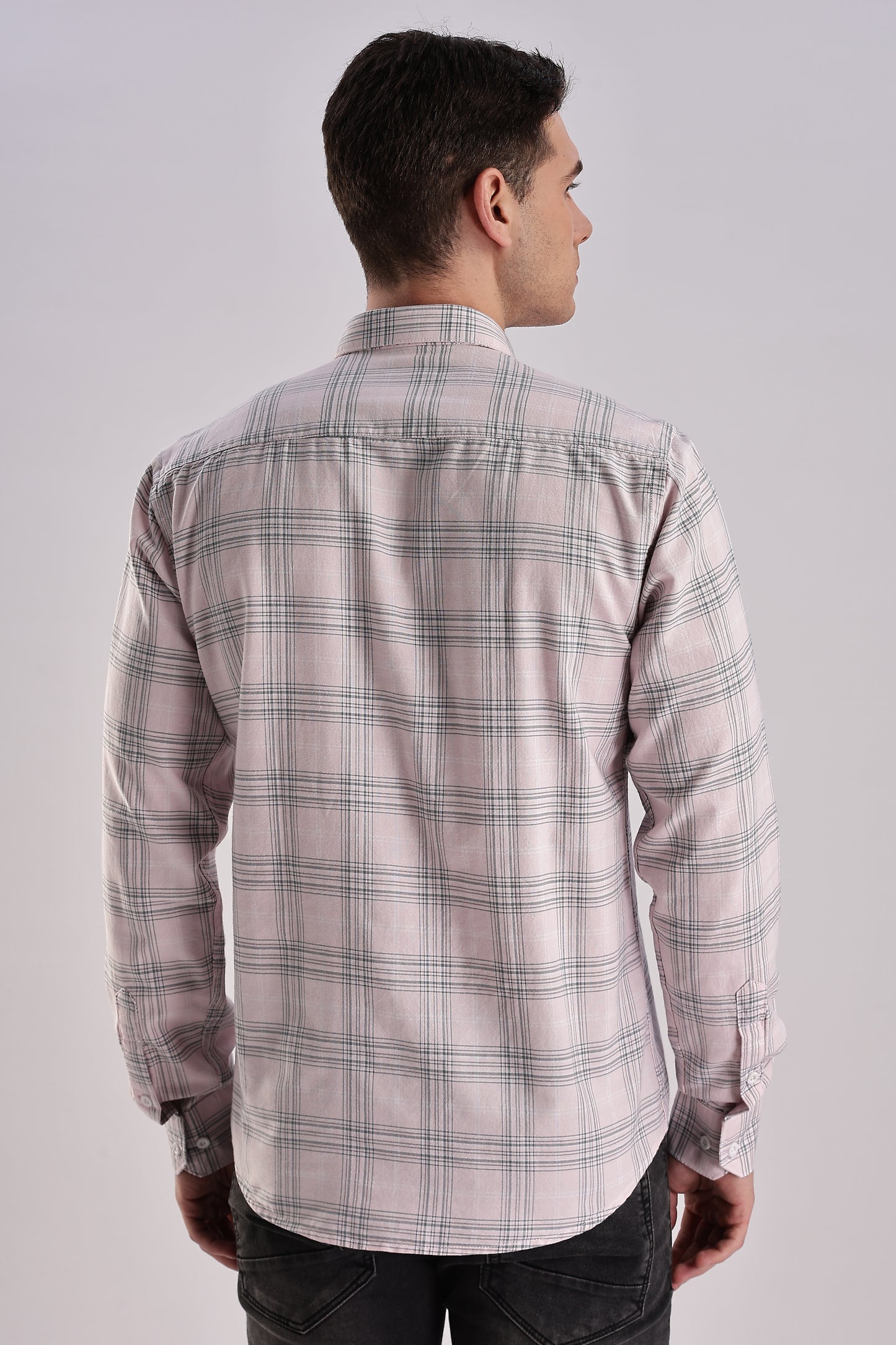 Men’s Plaid Long-Sleeve Shirt – Soft Pink & Grey