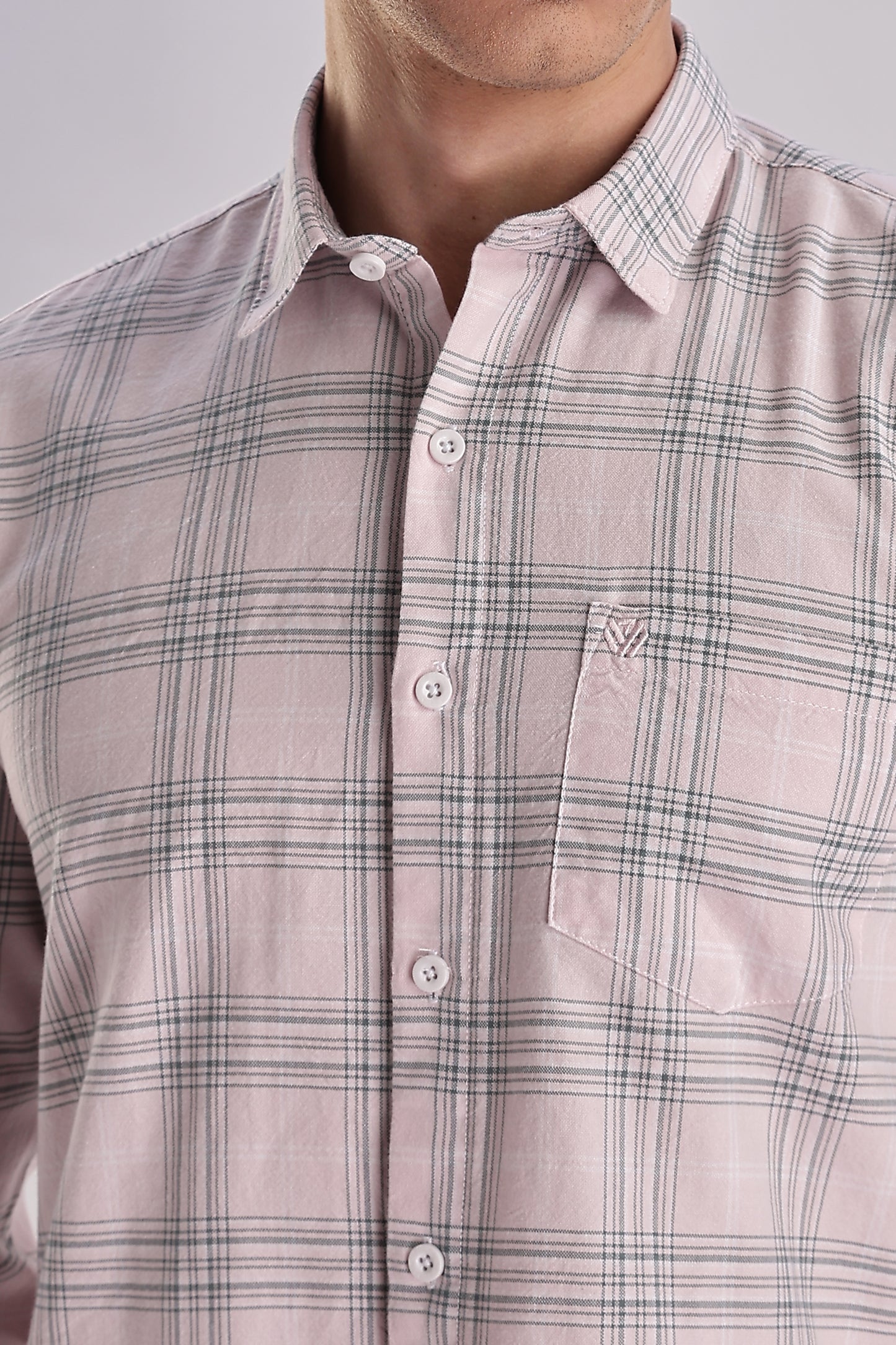 Men’s Plaid Long-Sleeve Shirt – Soft Pink & Grey