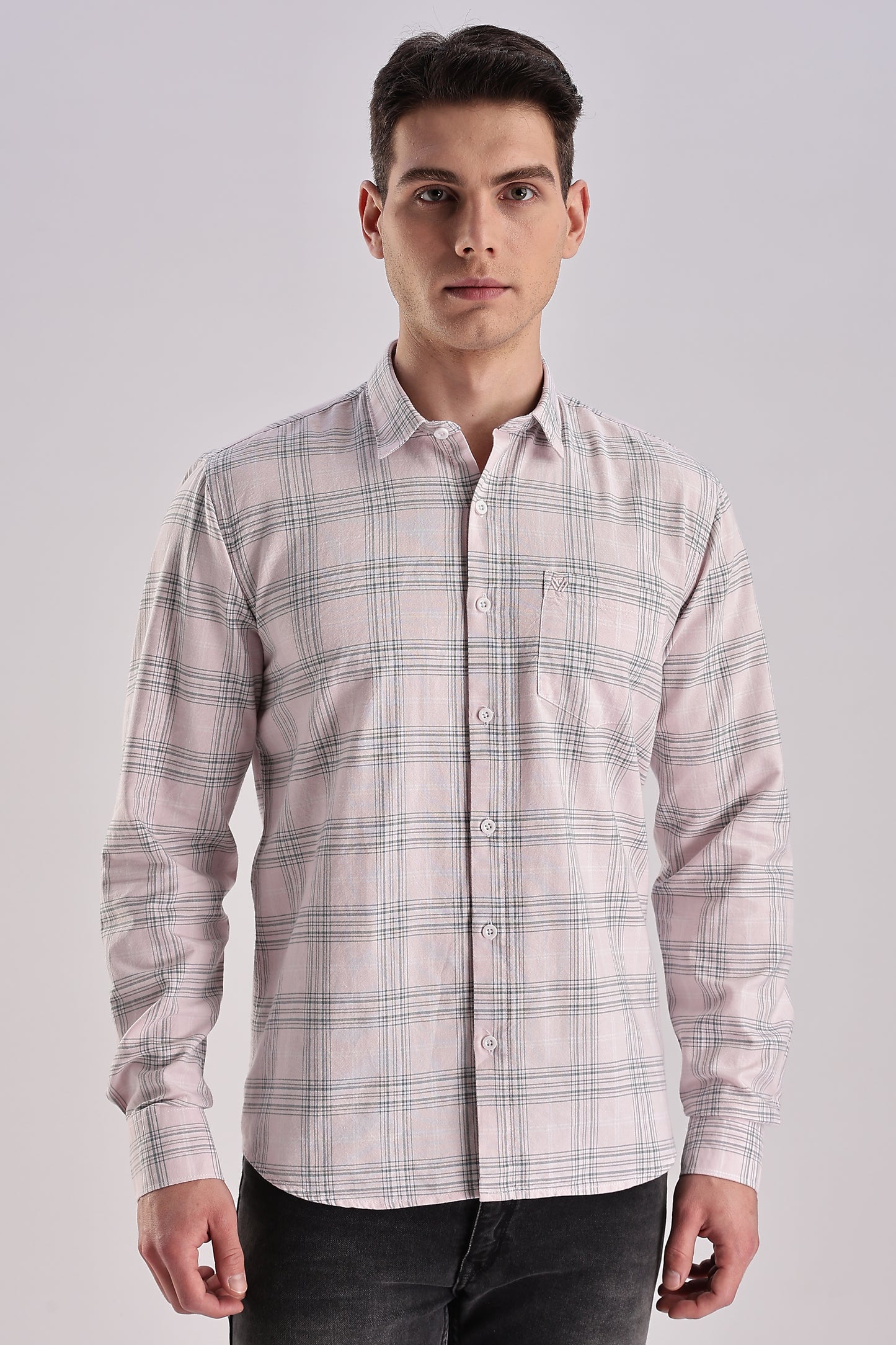 Men’s Plaid Long-Sleeve Shirt – Soft Pink & Grey
