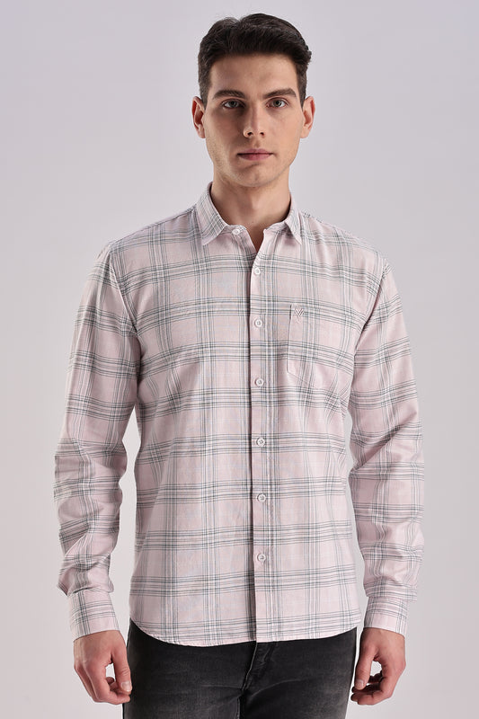 Men’s Plaid Long-Sleeve Shirt – Soft Pink & Grey