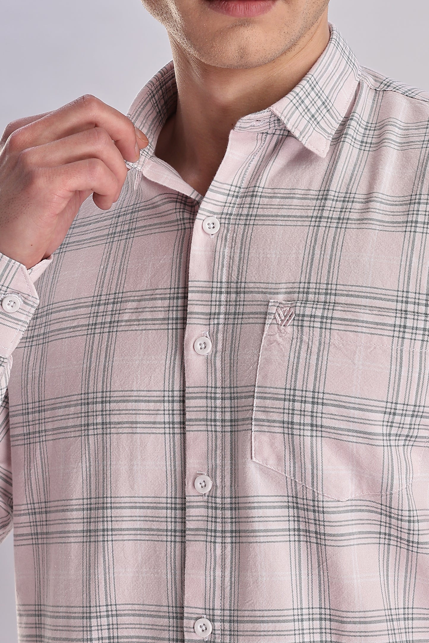Men’s Plaid Long-Sleeve Shirt – Soft Pink & Grey