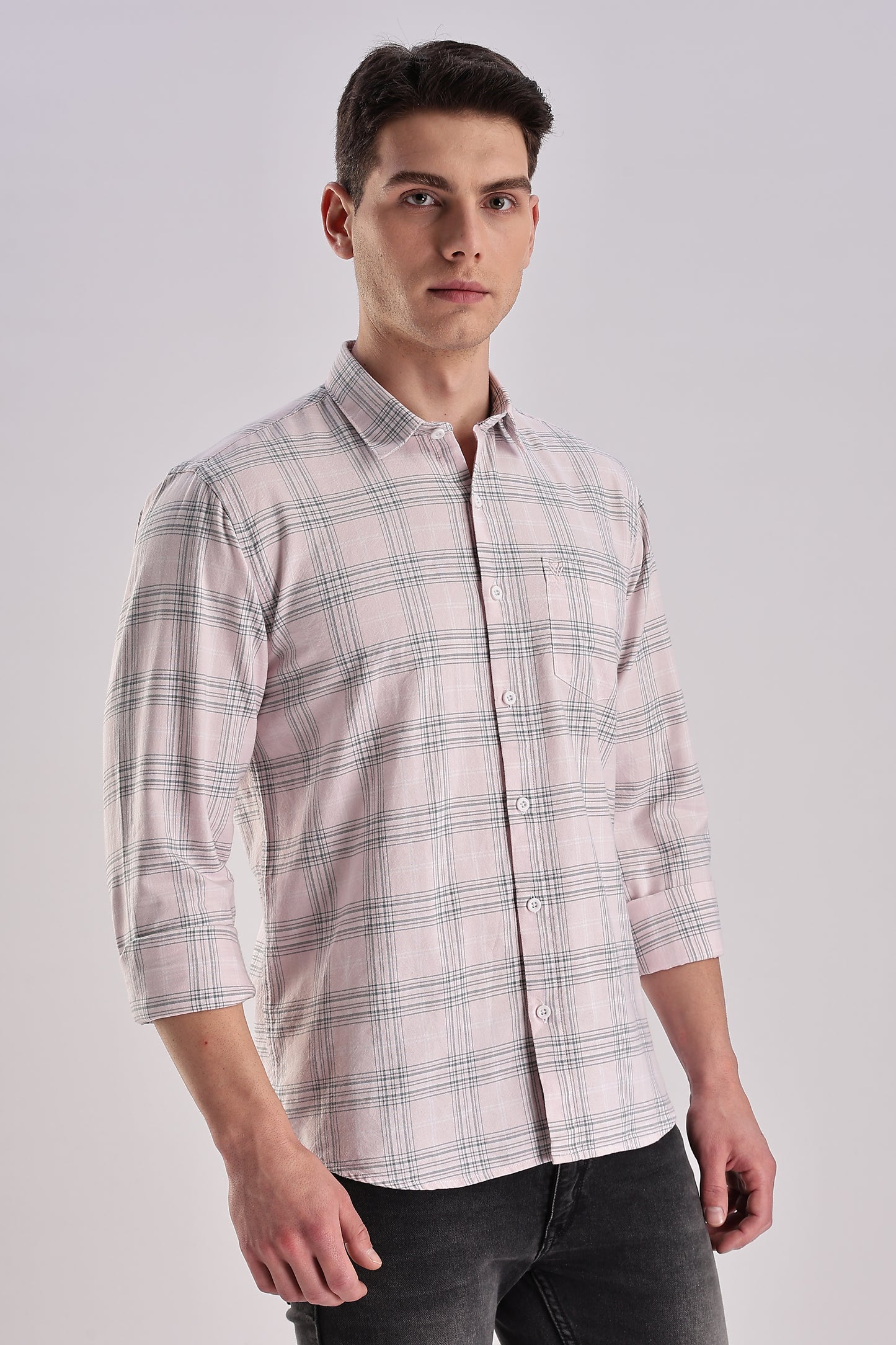 Men’s Plaid Long-Sleeve Shirt – Soft Pink & Grey