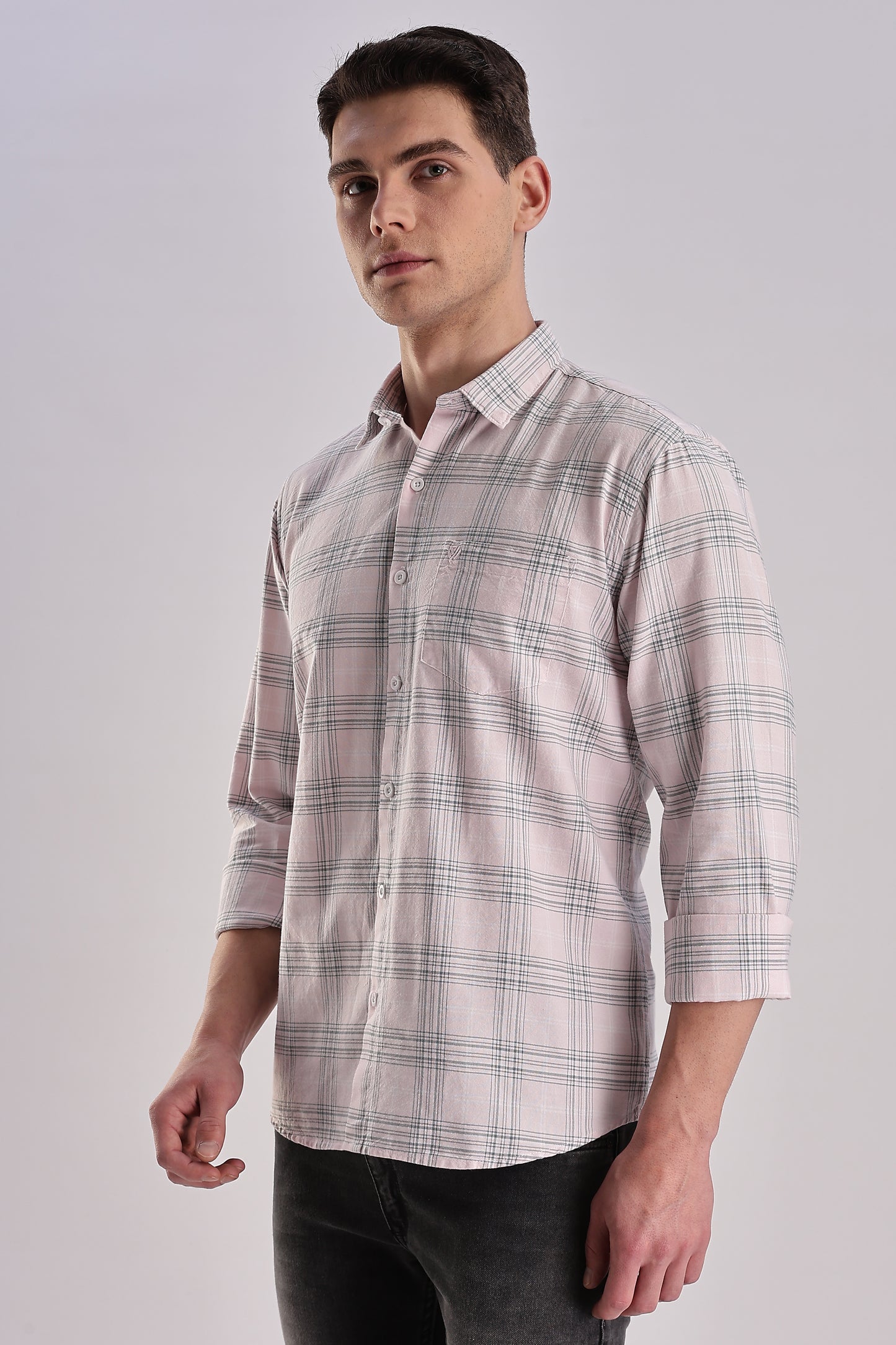 Men’s Plaid Long-Sleeve Shirt – Soft Pink & Grey