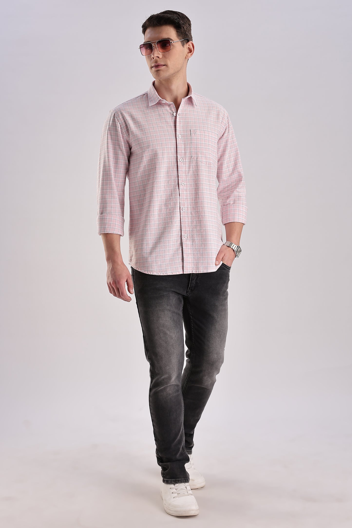 Men’s Micro-Grid Check Long-Sleeve Shirt – Pink & Sky