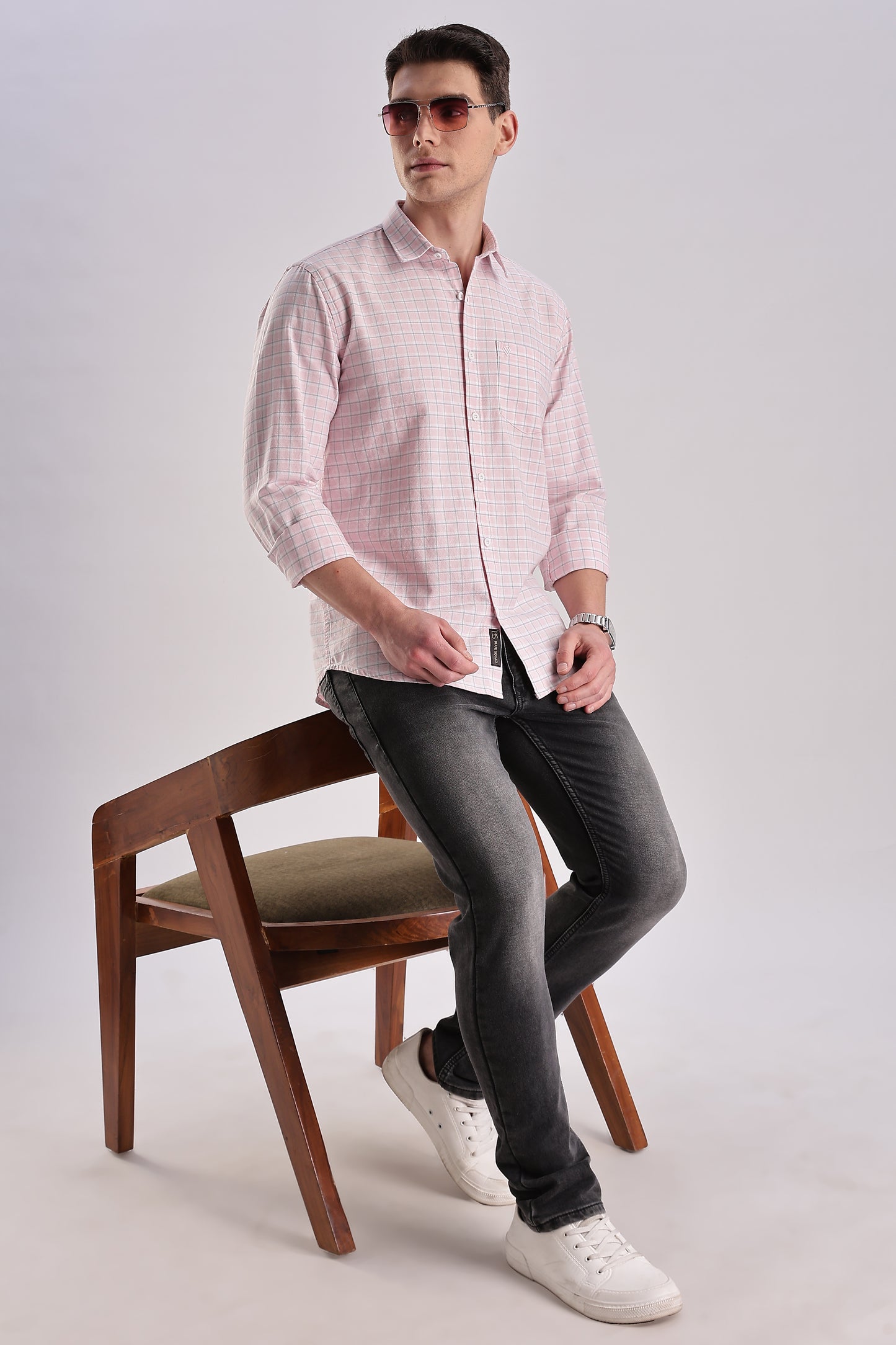 Men’s Micro-Grid Check Long-Sleeve Shirt – Pink & Sky