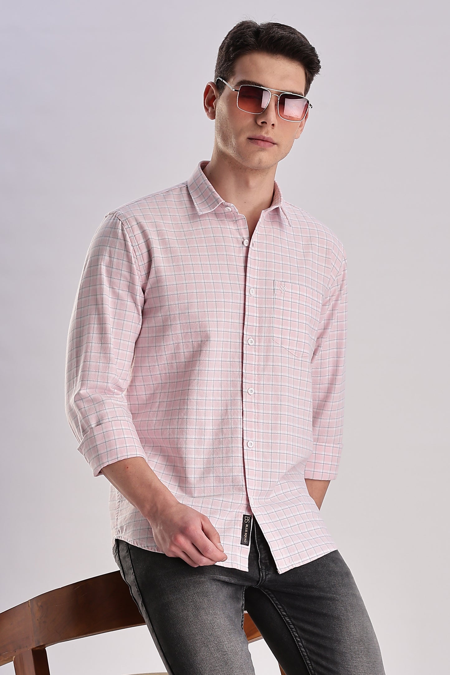 Men’s Micro-Grid Check Long-Sleeve Shirt – Pink & Sky