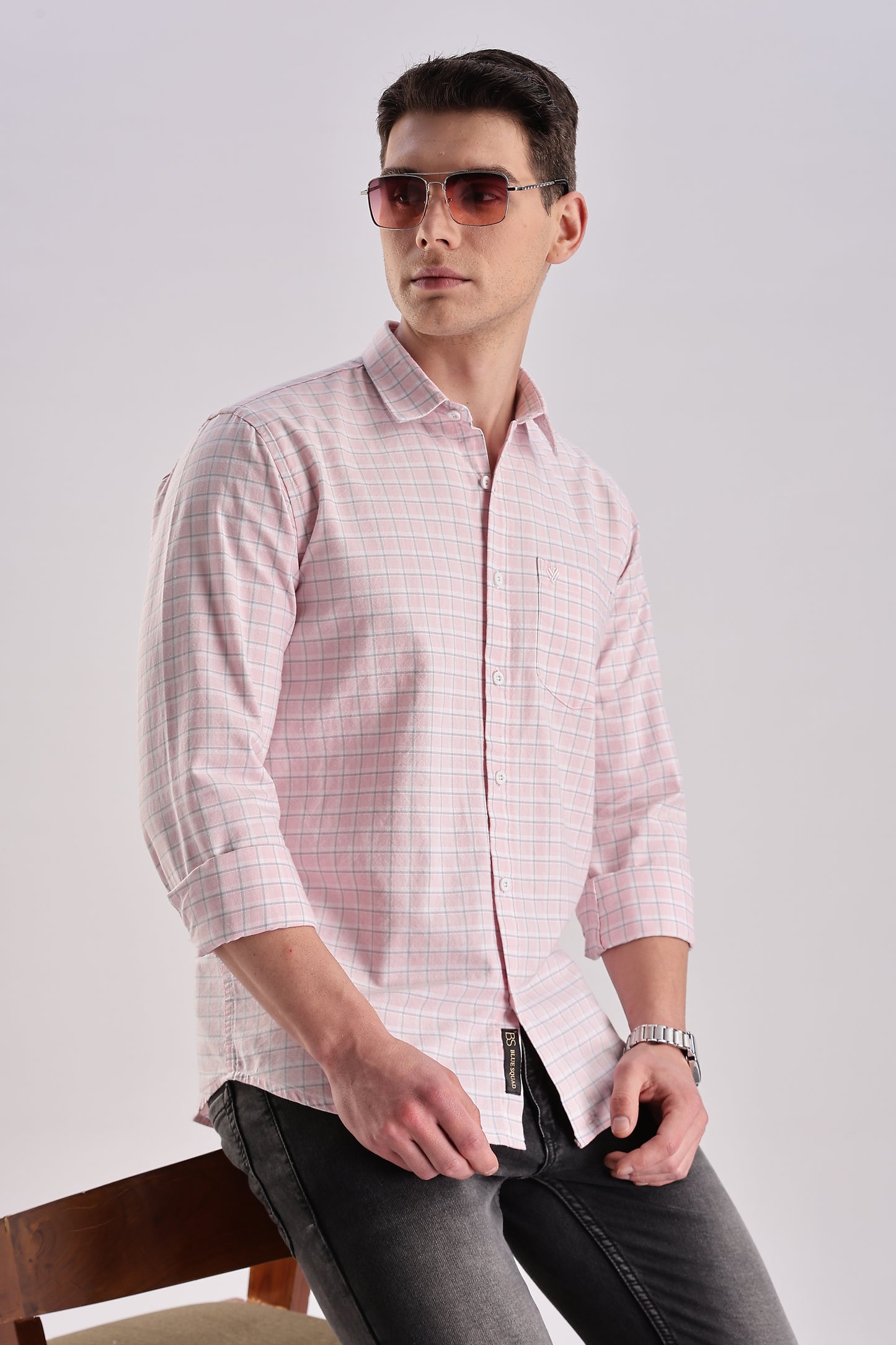 Men’s Micro-Grid Check Long-Sleeve Shirt – Pink & Sky