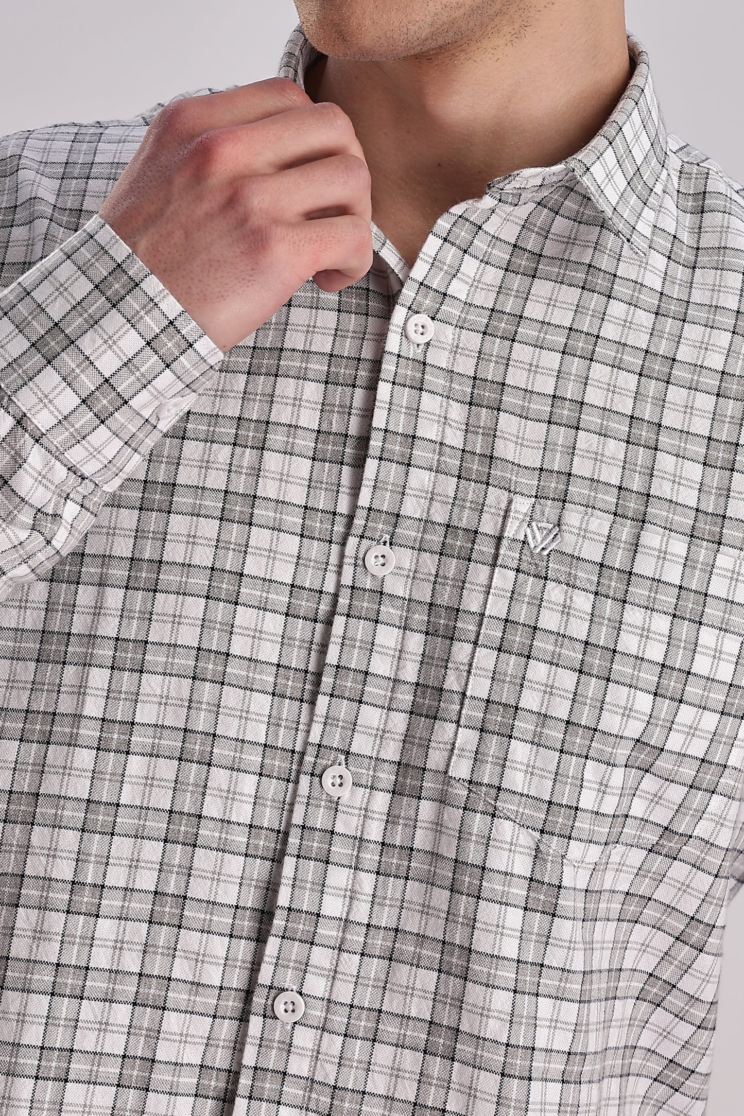 Men’s Micro-Check Long-Sleeve Shirt – White/Grey