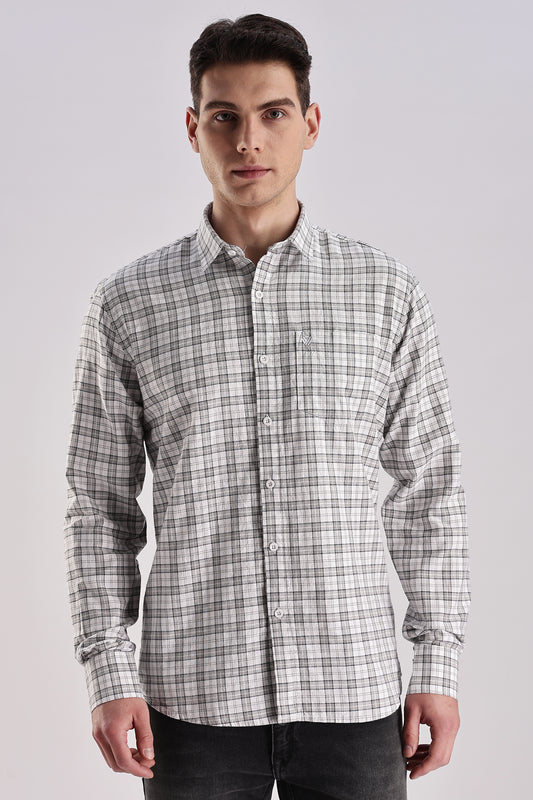 Men’s Micro-Check Long-Sleeve Shirt – White/Grey