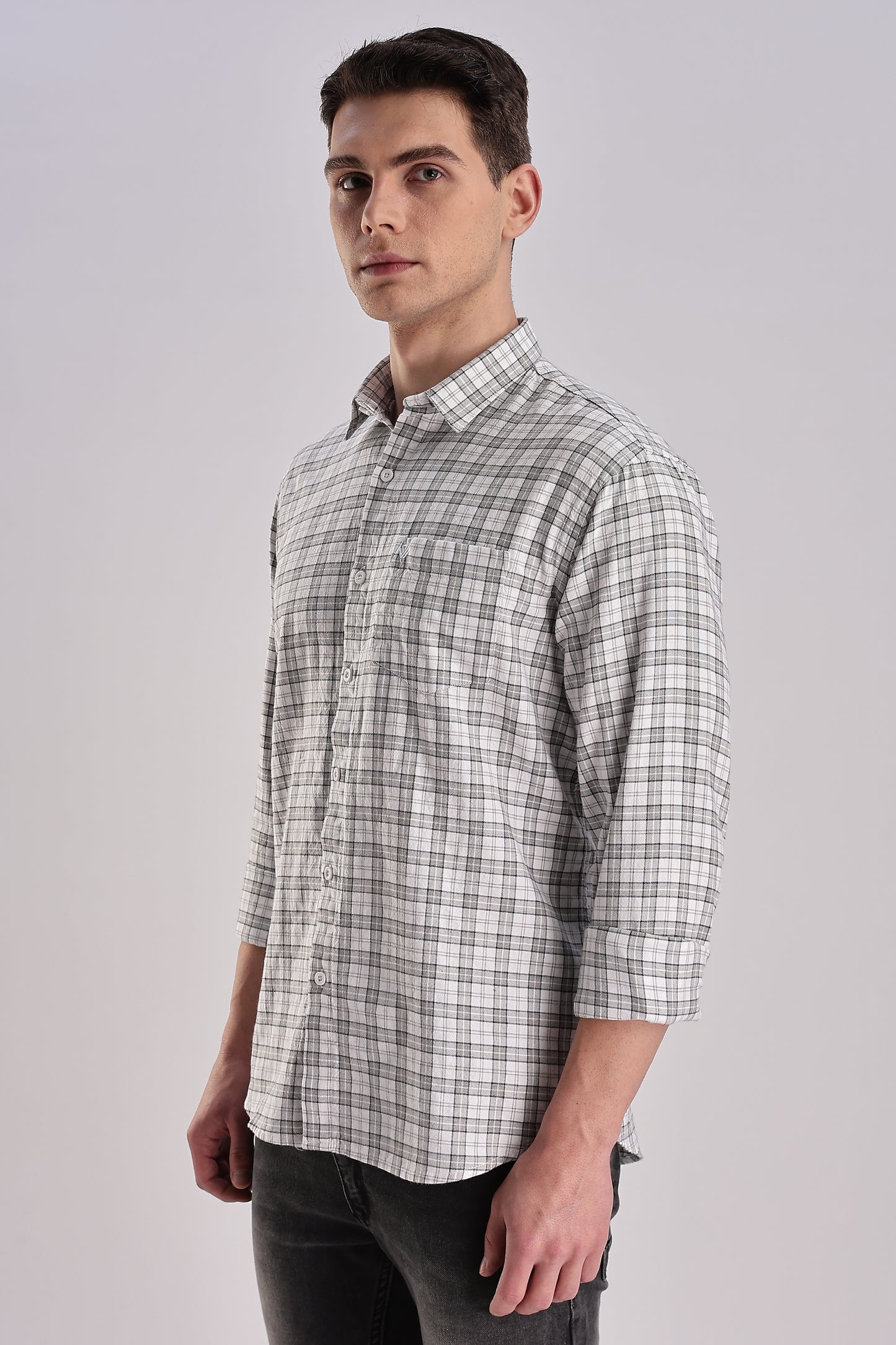 Men’s Micro-Check Long-Sleeve Shirt – White/Grey