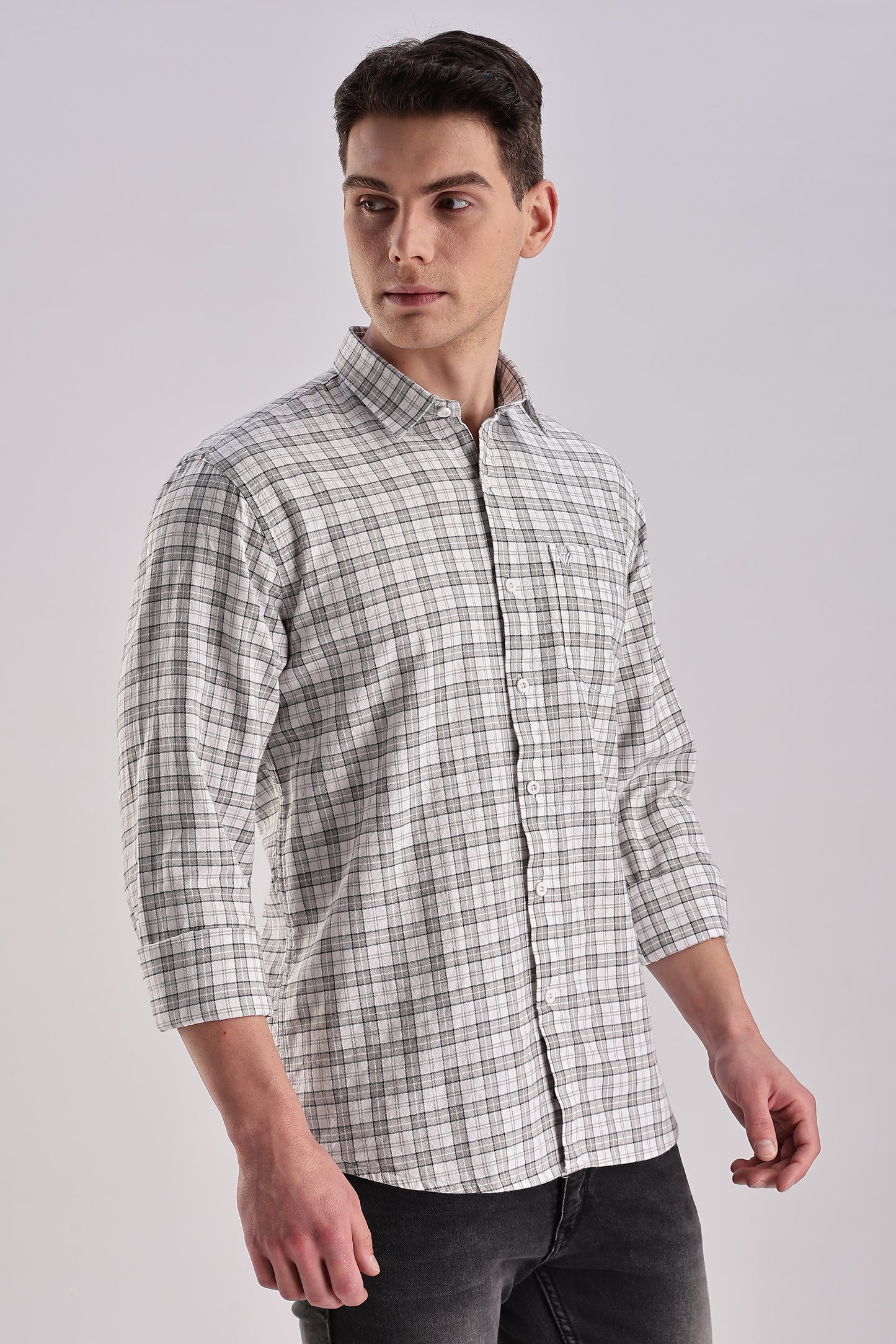 Men’s Micro-Check Long-Sleeve Shirt – White/Grey