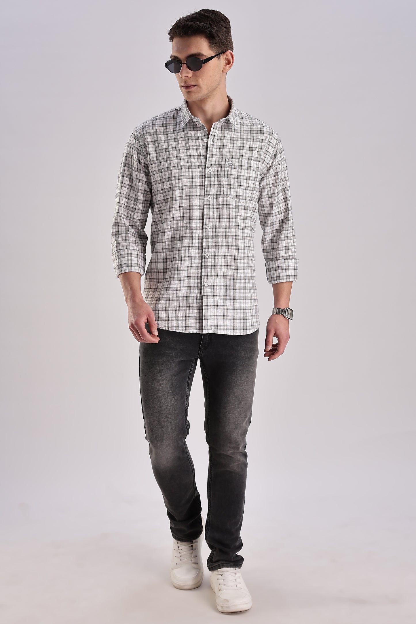 Men’s Micro-Check Long-Sleeve Shirt – White/Grey