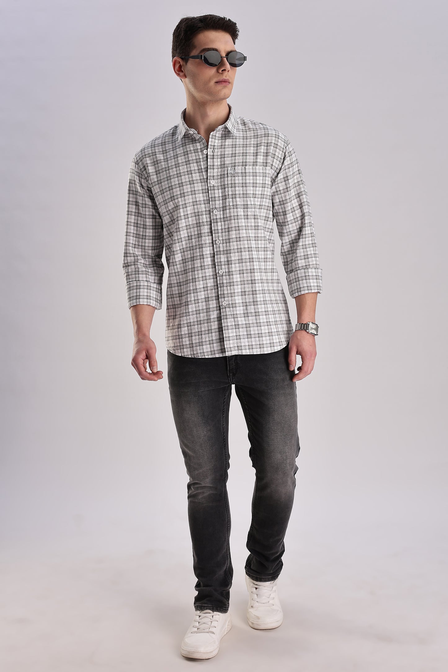 Men’s Micro-Check Long-Sleeve Shirt – White/Grey