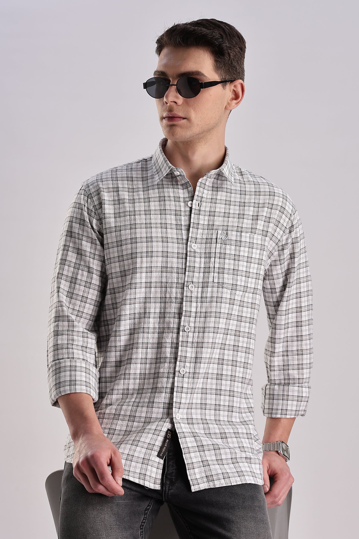 Men’s Micro-Check Long-Sleeve Shirt – White/Grey