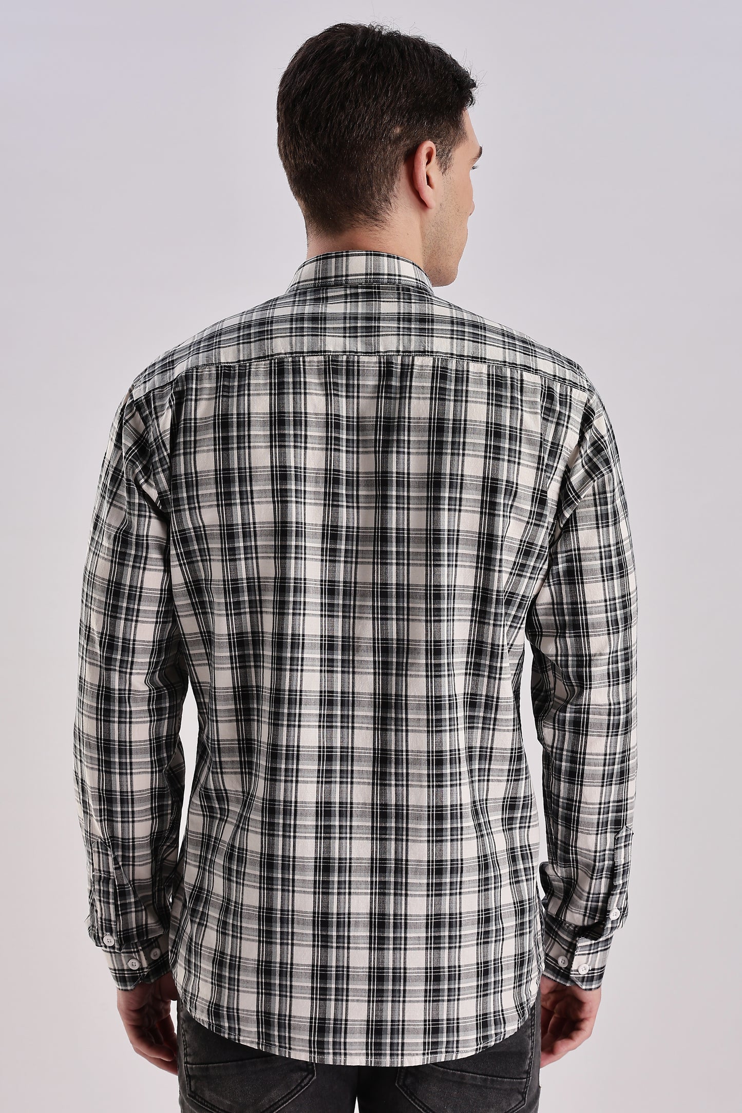 Men’s Brushed Plaid Long-Sleeve Shirt – Black & Ecru