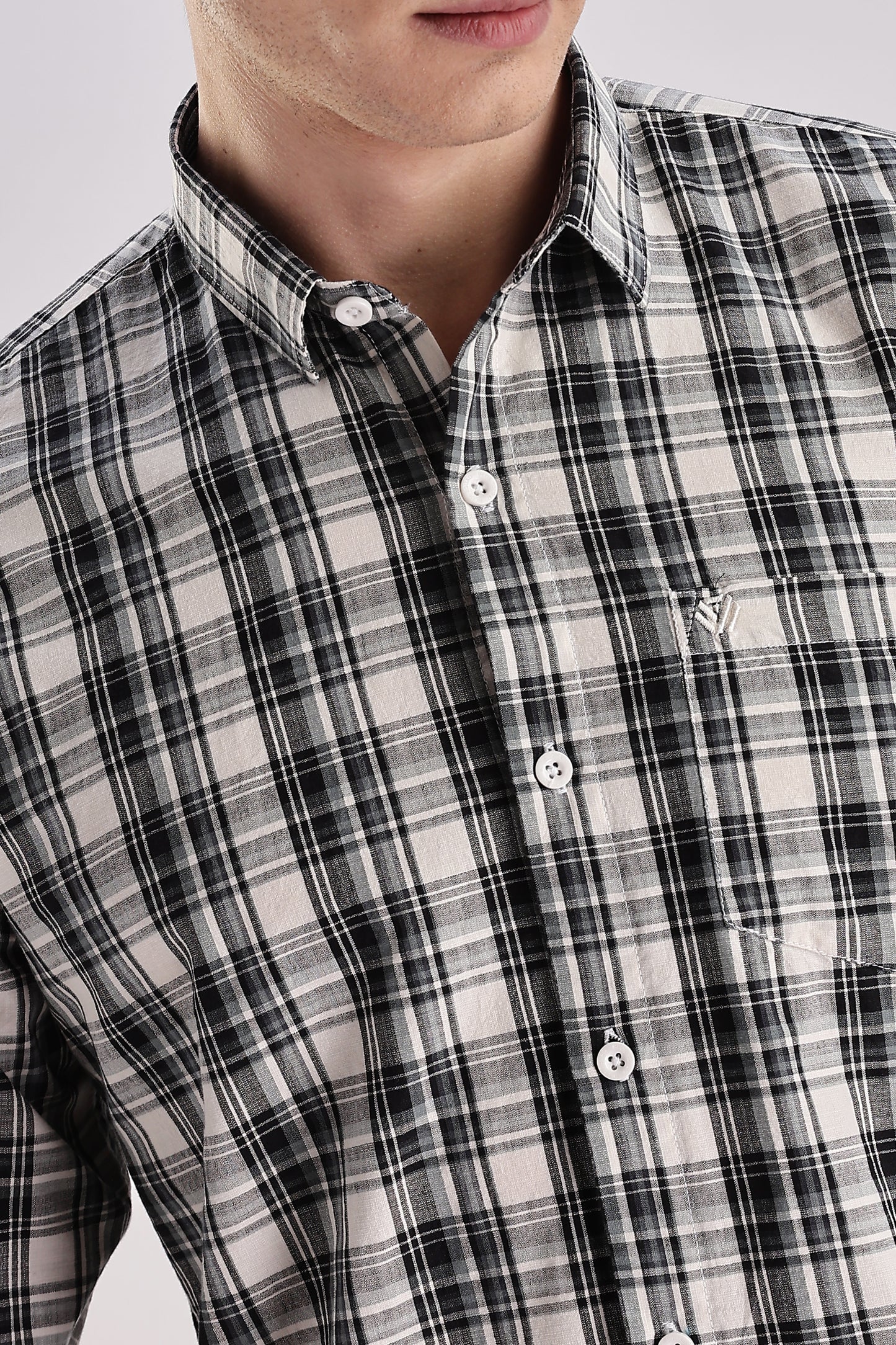 Men’s Brushed Plaid Long-Sleeve Shirt – Black & Ecru