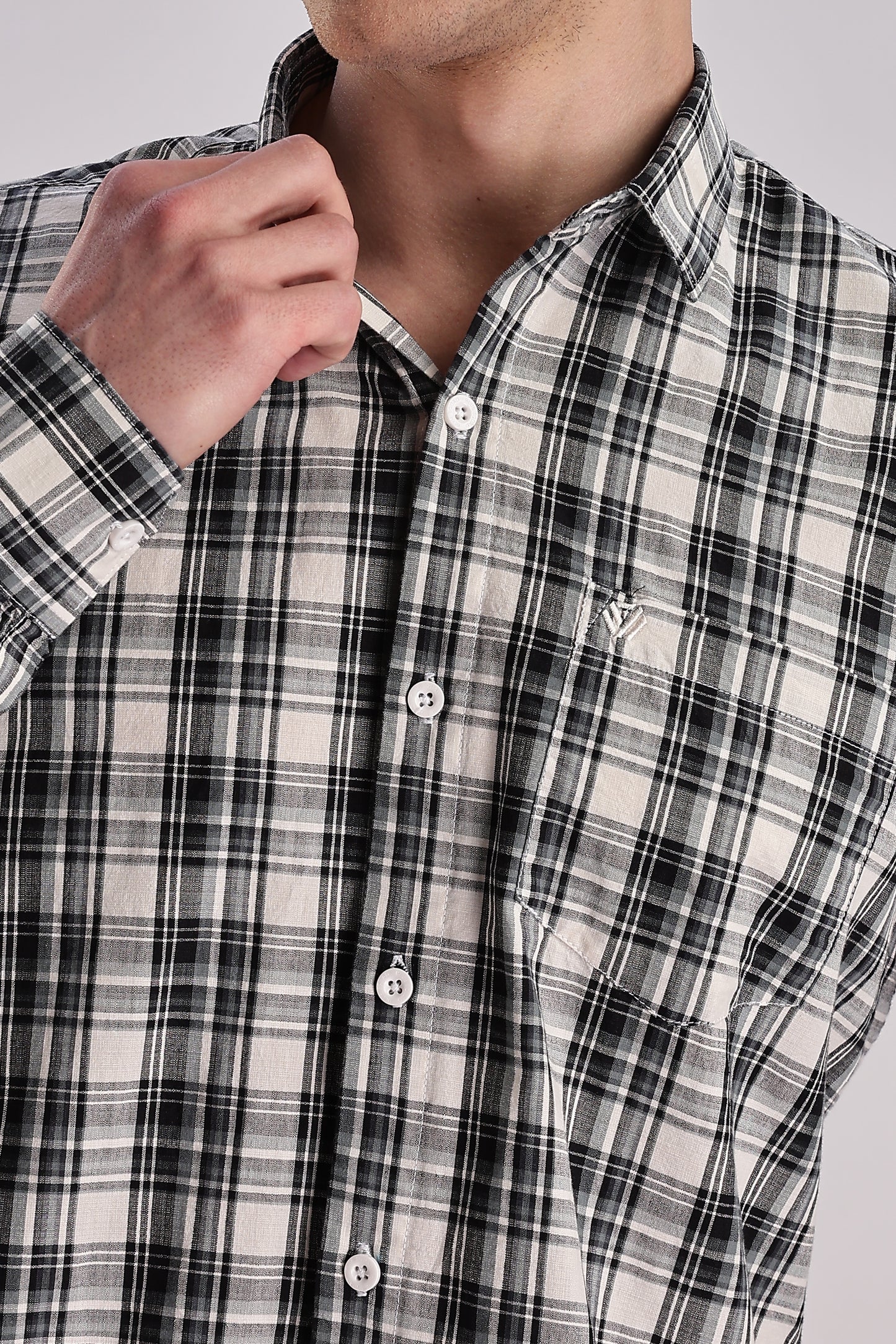 Men’s Brushed Plaid Long-Sleeve Shirt – Black & Ecru