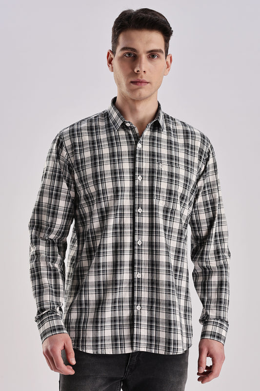 Men’s Brushed Plaid Long-Sleeve Shirt – Black & Ecru