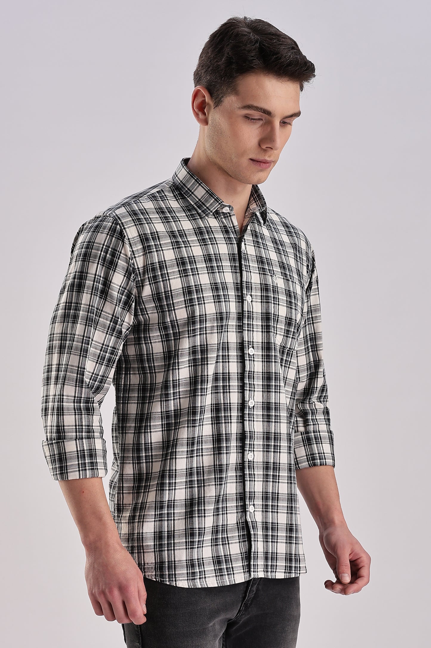 Men’s Brushed Plaid Long-Sleeve Shirt – Black & Ecru