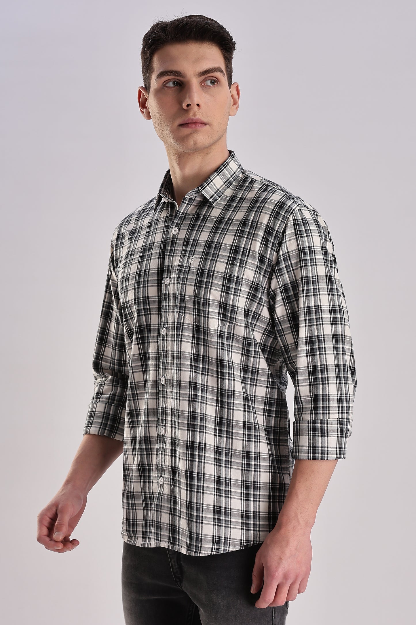 Men’s Brushed Plaid Long-Sleeve Shirt – Black & Ecru