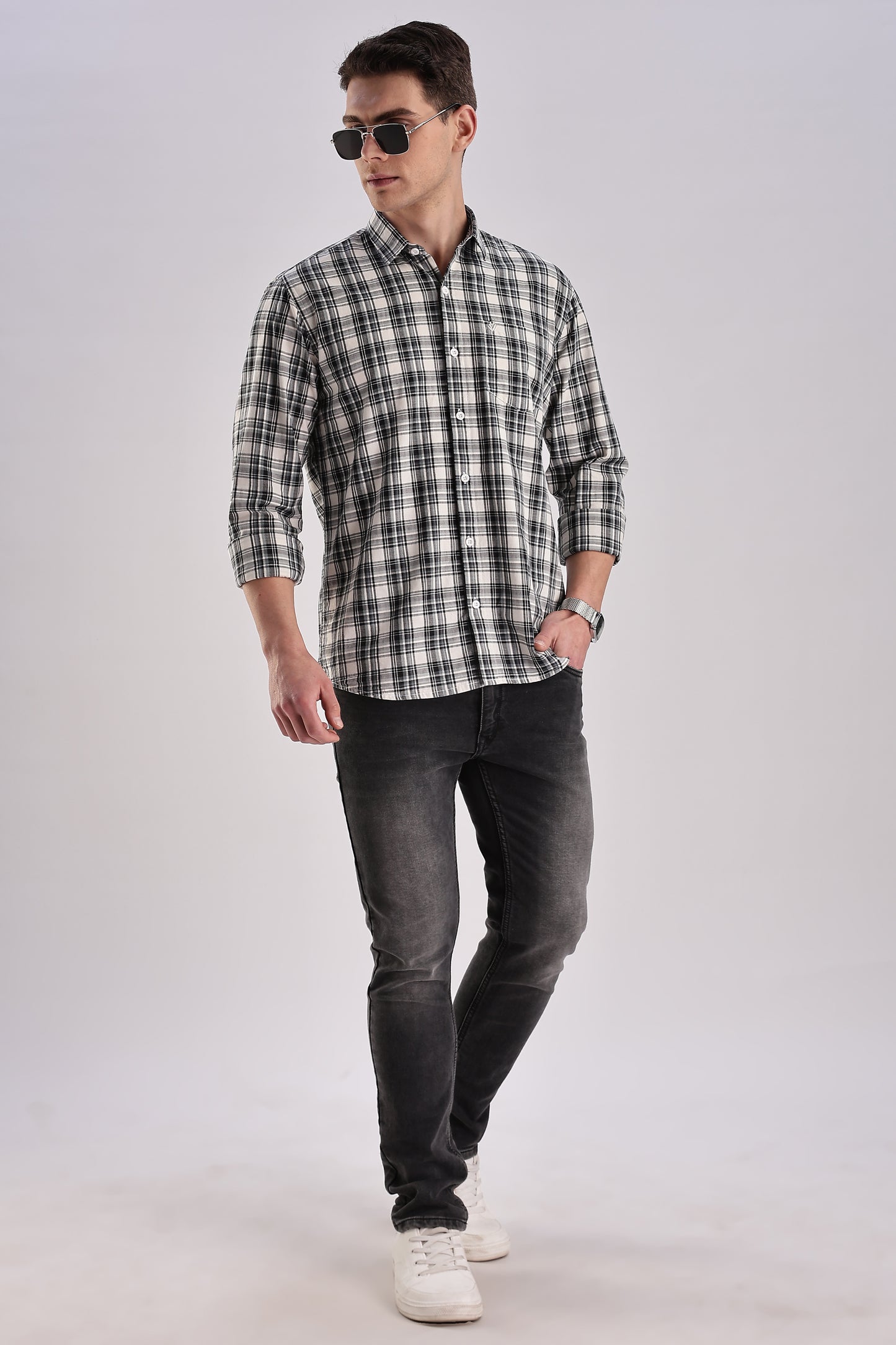 Men’s Brushed Plaid Long-Sleeve Shirt – Black & Ecru