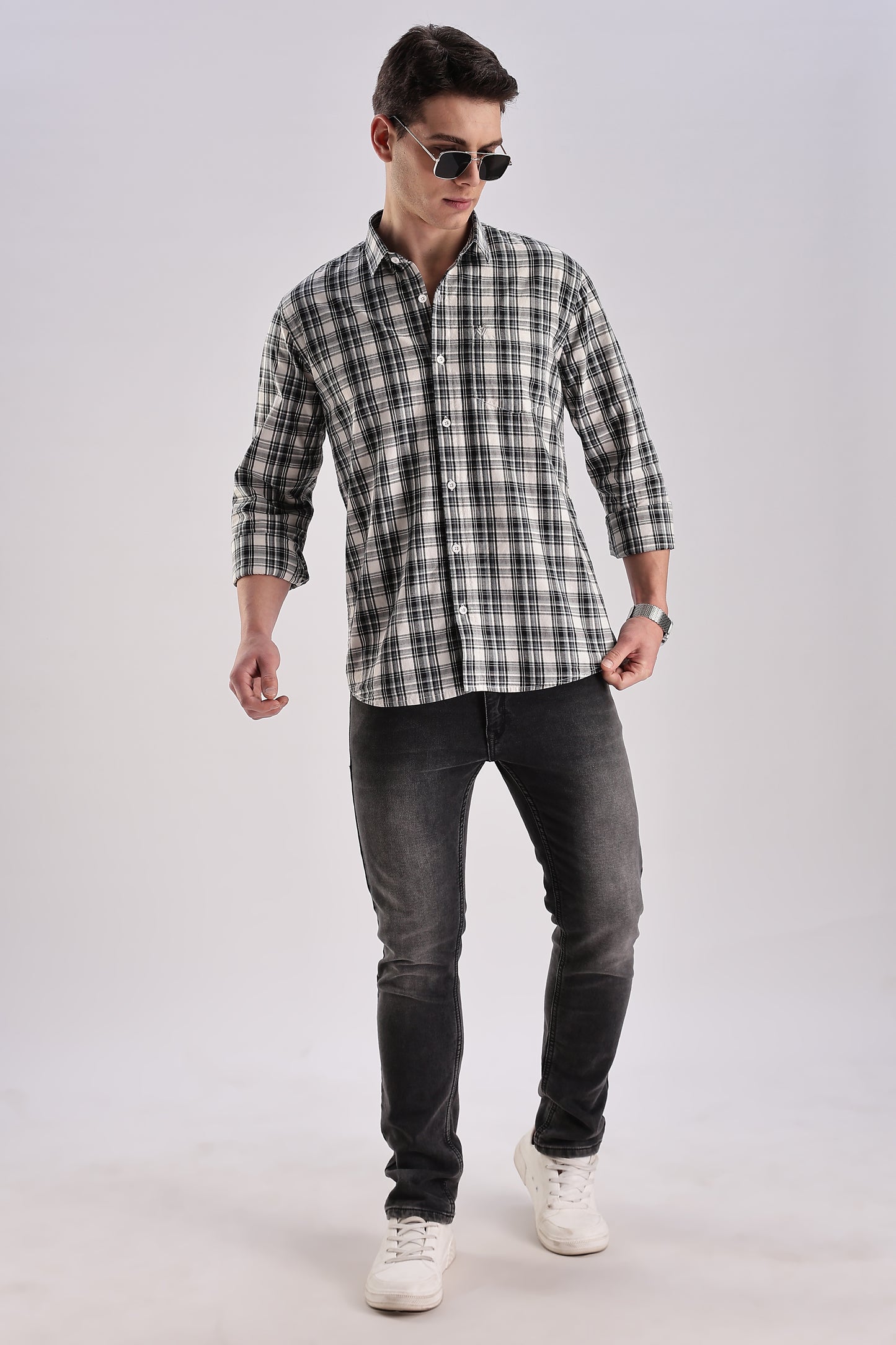 Men’s Brushed Plaid Long-Sleeve Shirt – Black & Ecru