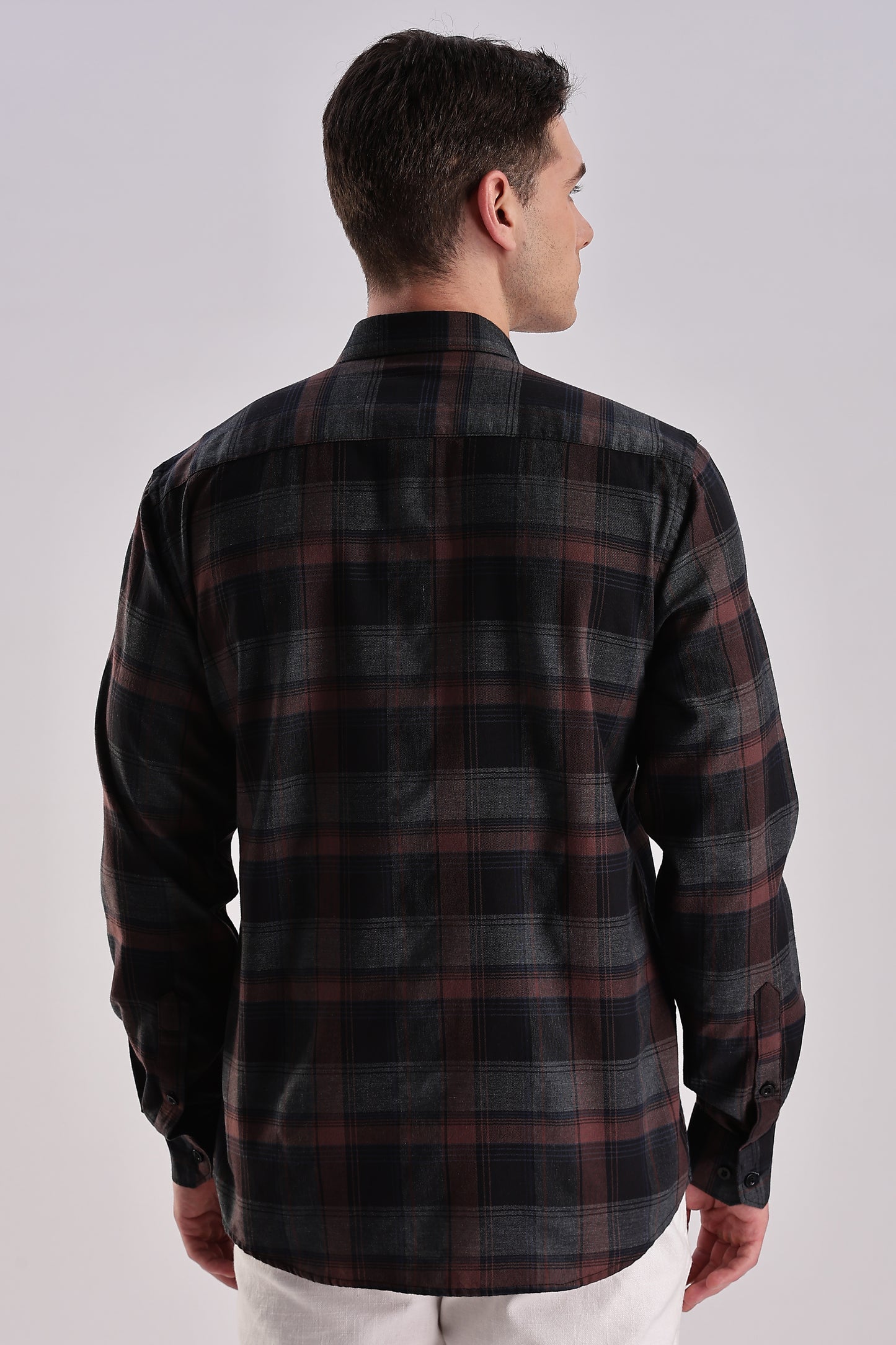 Men’s Brushed Plaid Long-Sleeve Shirt – Burgundy & Charcoal