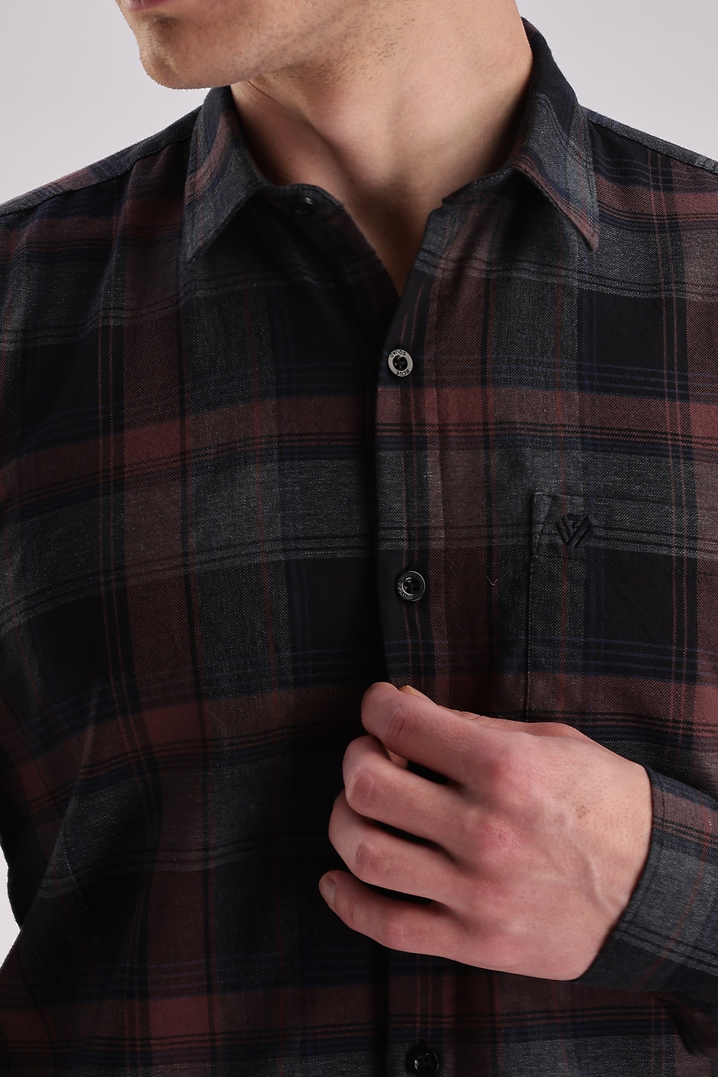 Men’s Brushed Plaid Long-Sleeve Shirt – Burgundy & Charcoal