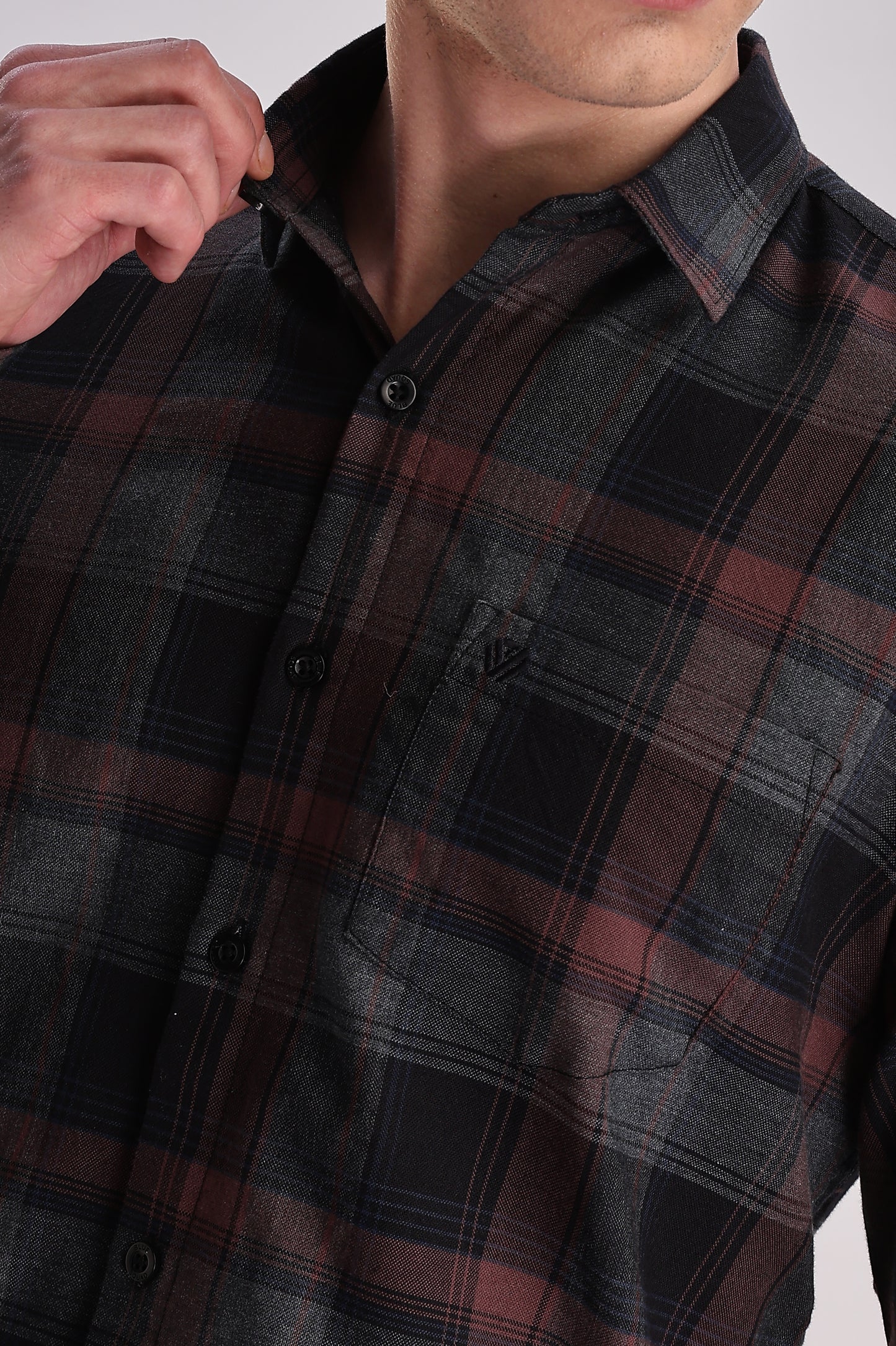 Men’s Brushed Plaid Long-Sleeve Shirt – Burgundy & Charcoal