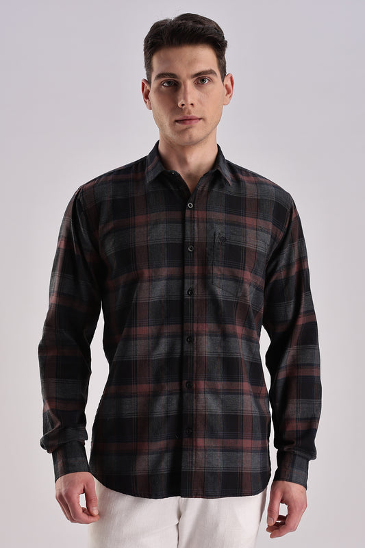 Men’s Brushed Plaid Long-Sleeve Shirt – Burgundy & Charcoal