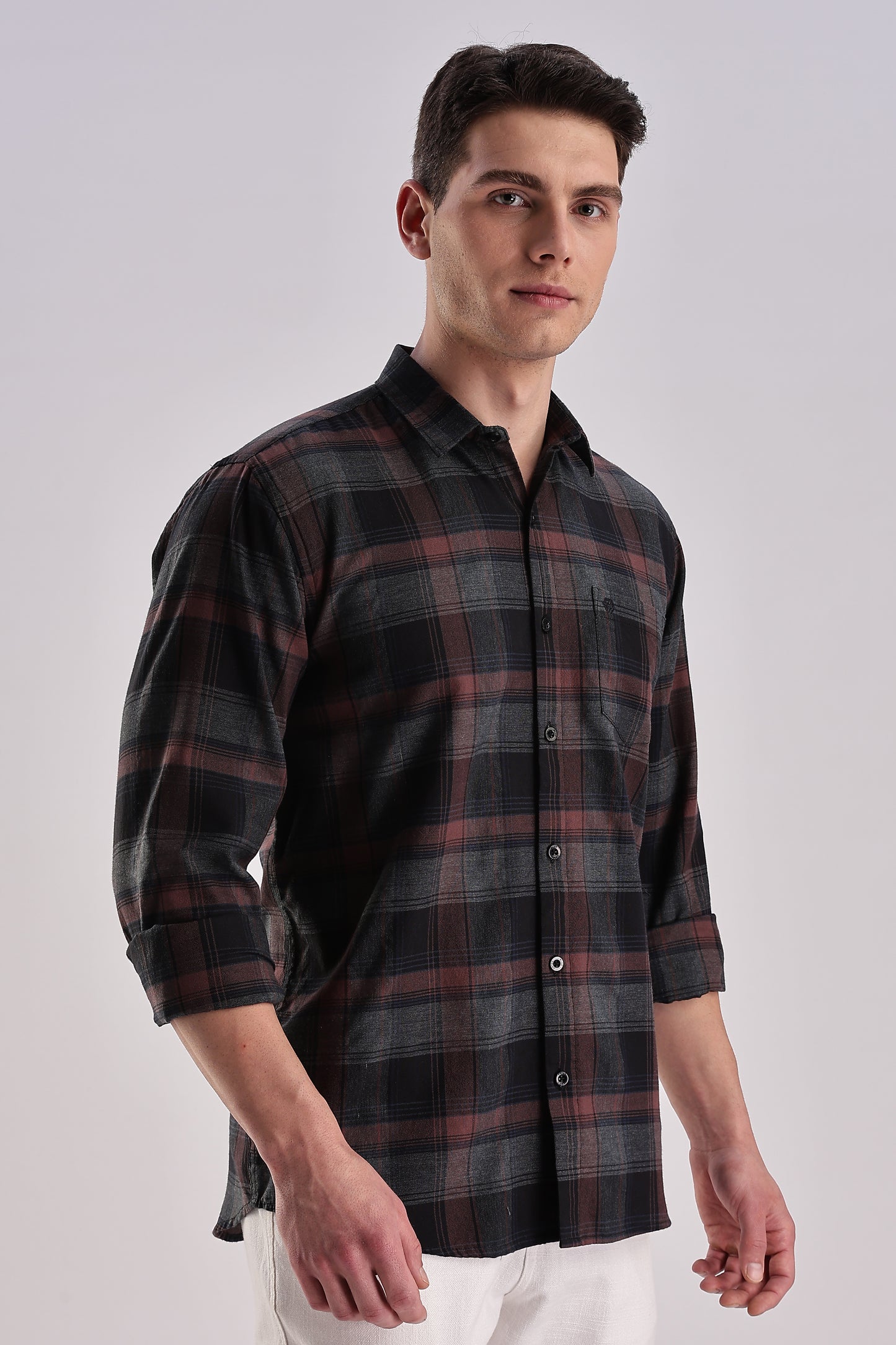 Men’s Brushed Plaid Long-Sleeve Shirt – Burgundy & Charcoal