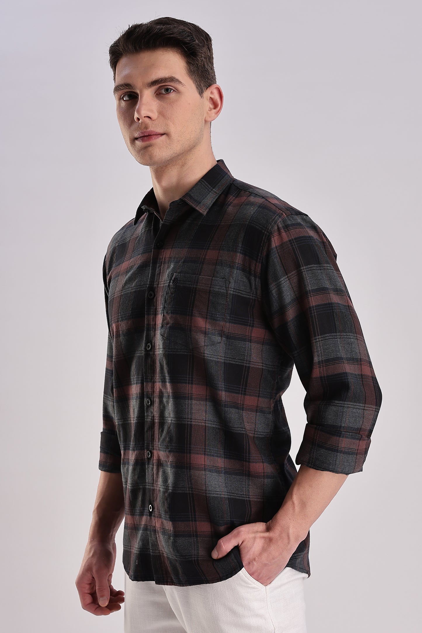 Men’s Brushed Plaid Long-Sleeve Shirt – Burgundy & Charcoal