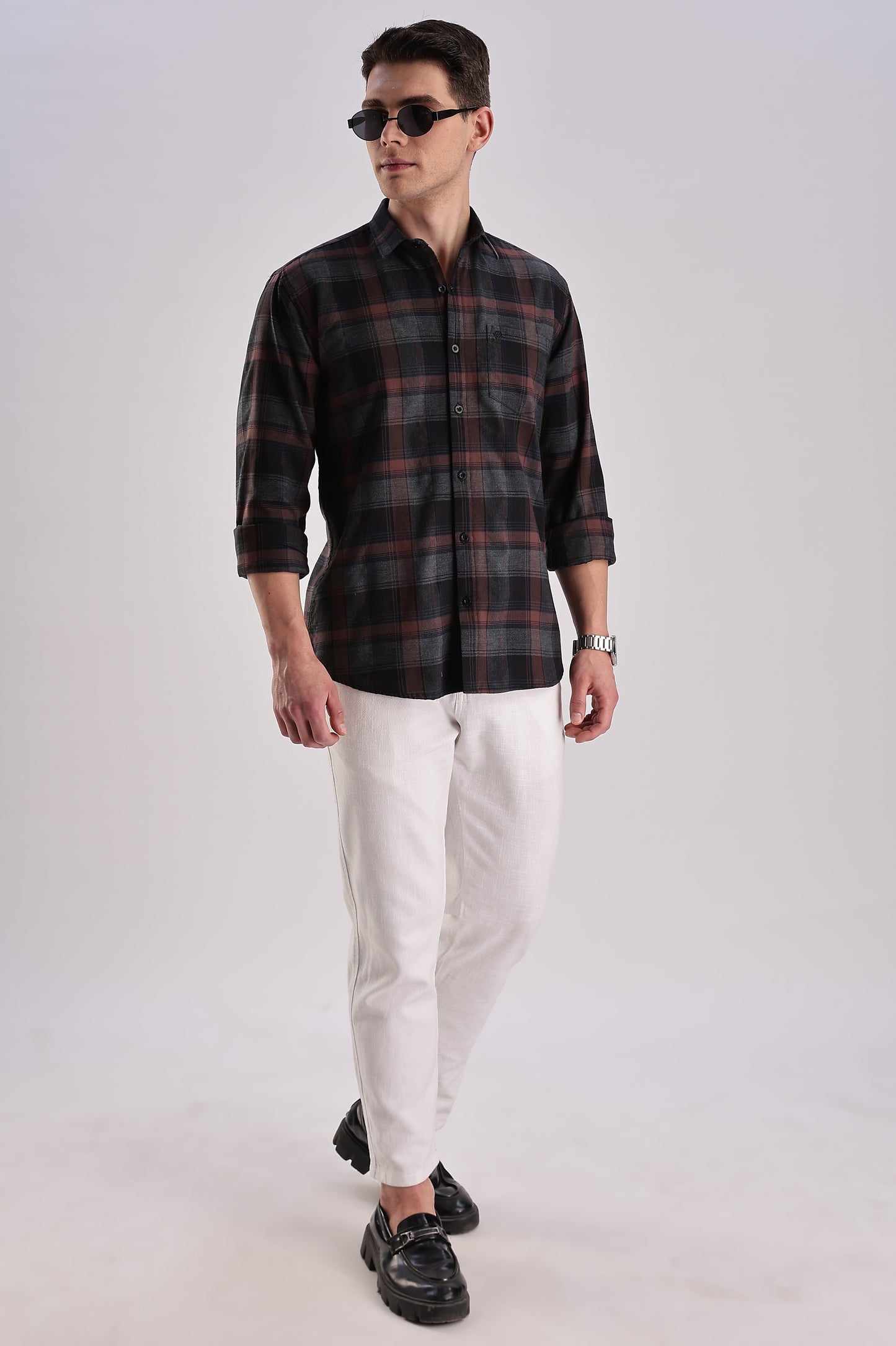 Men’s Brushed Plaid Long-Sleeve Shirt – Burgundy & Charcoal