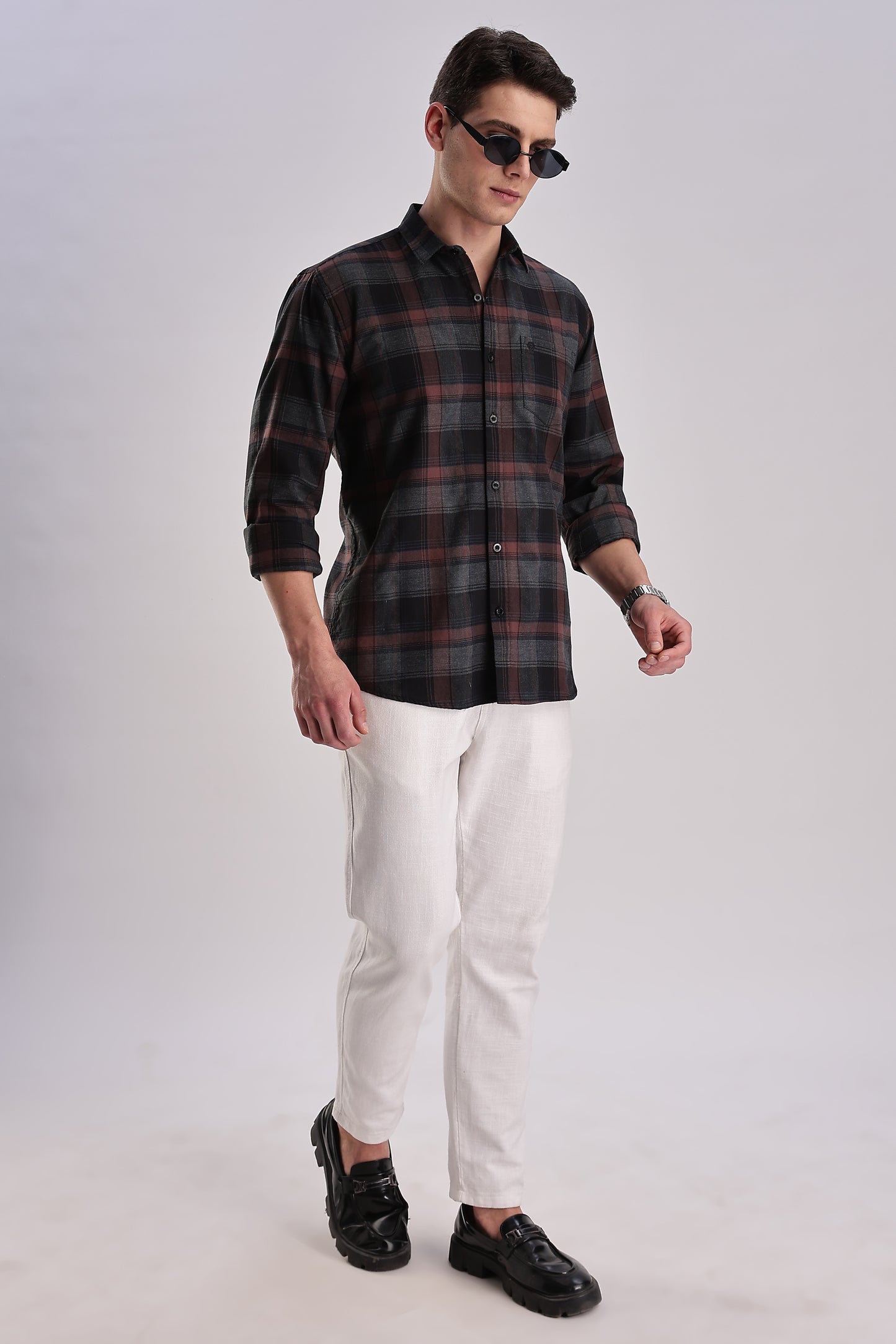 Men’s Brushed Plaid Long-Sleeve Shirt – Burgundy & Charcoal