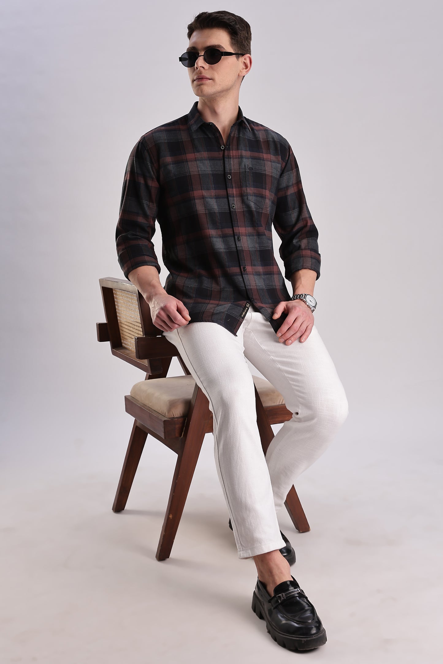 Men’s Brushed Plaid Long-Sleeve Shirt – Burgundy & Charcoal
